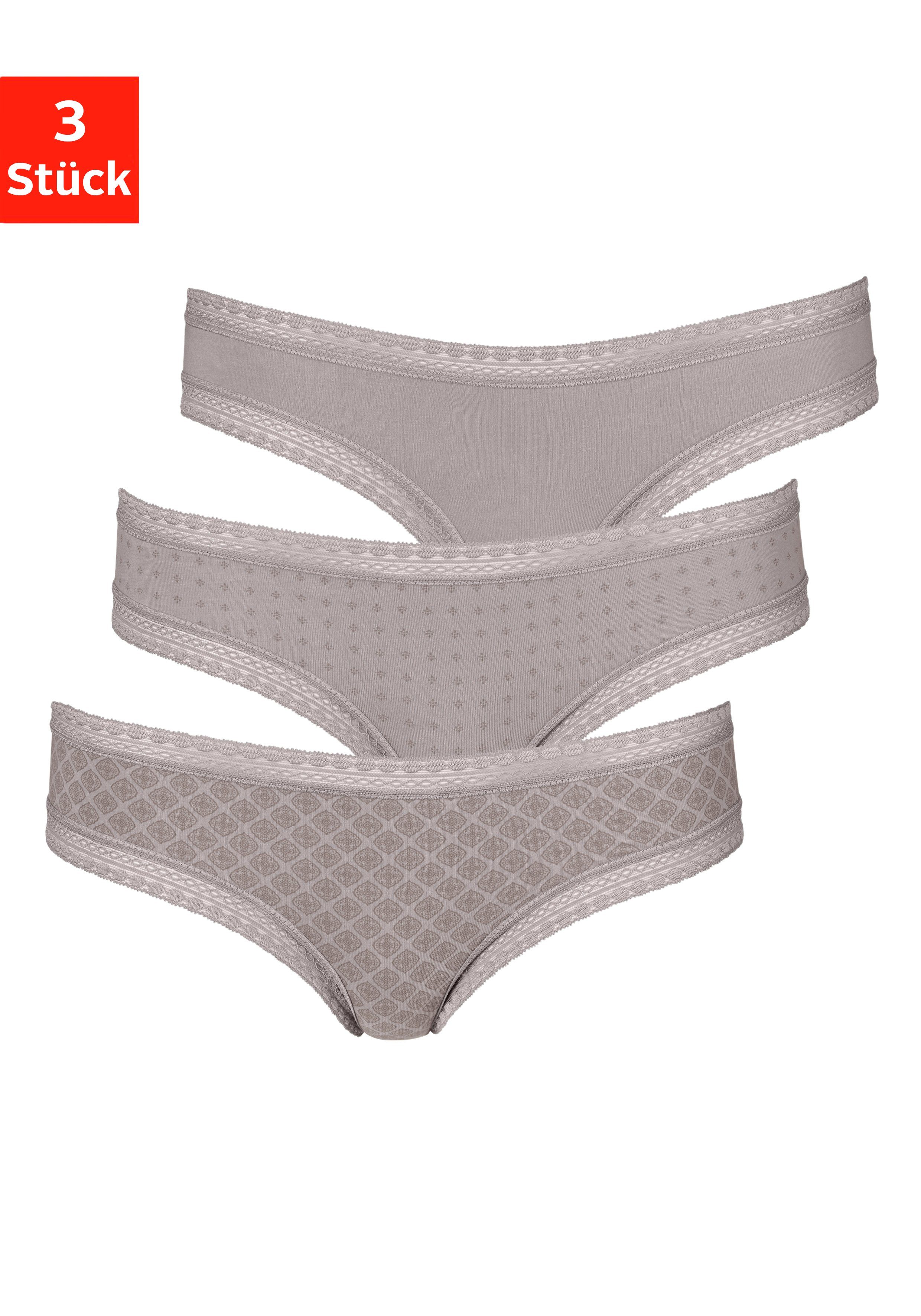 LASCANA Brasilslip (Packung, 3-St) aus elastischer Baumwolle mit weicher Spitze taupe