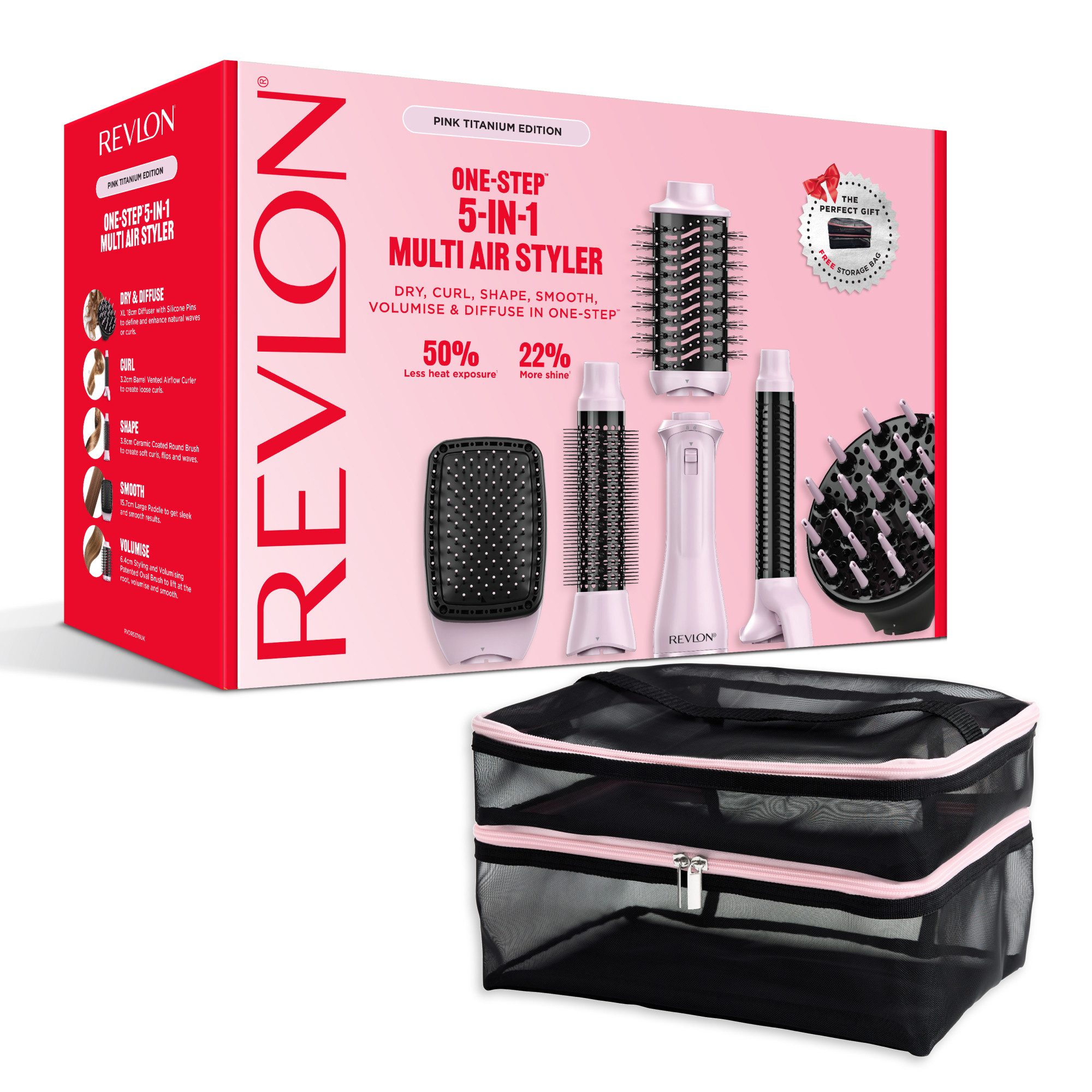 Revlon Multihaarstyler One‑Step™ 5‑in‑1 Multi Air Styler Pink Titanium Edition, RVDR5376E, Unbegrenzte Möglichkeiten dank 5 hochwertiger Stylingköpfe, mit Tasche
