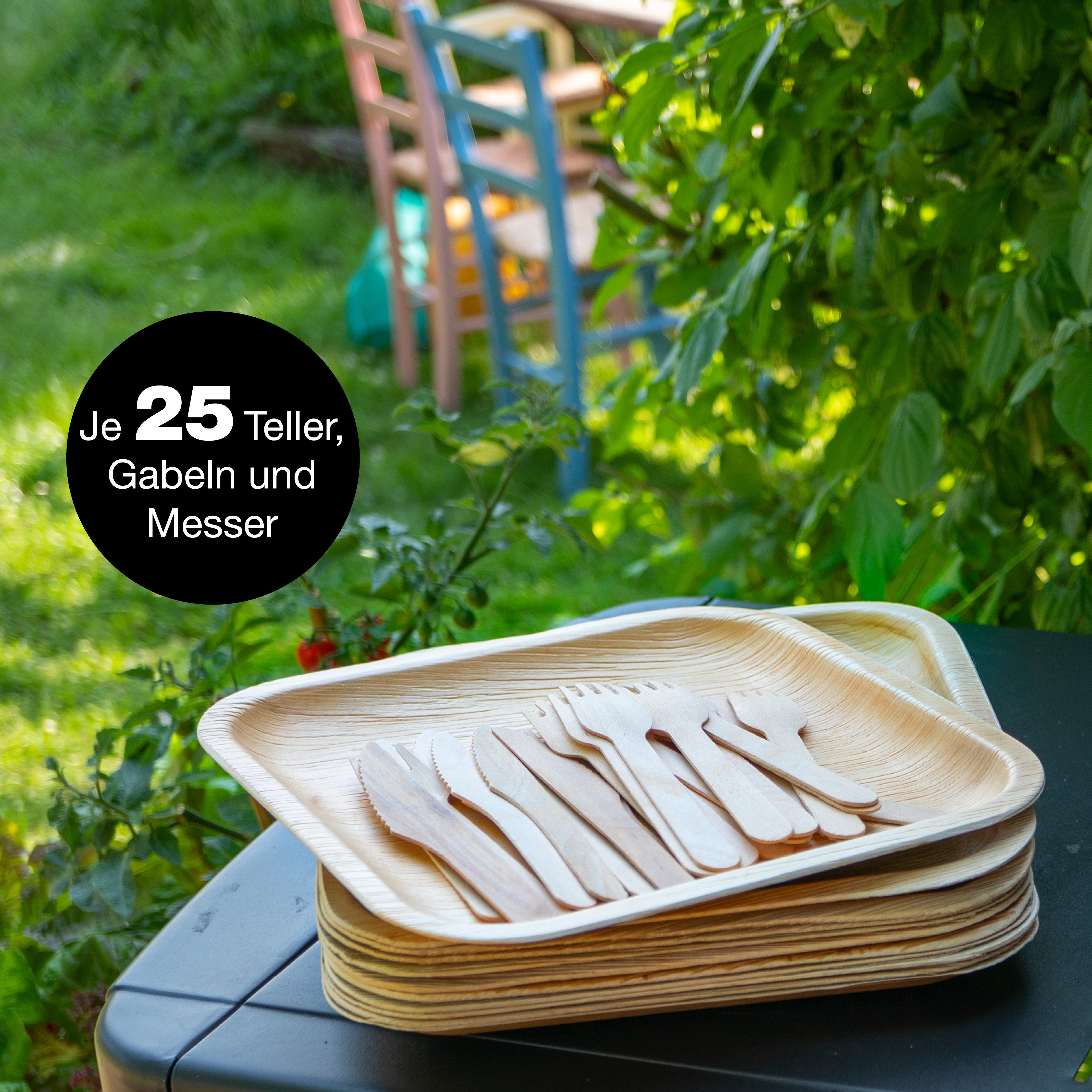 Moritz & Moritz Einweggeschirr-Set 75tlg Palmblatt Geschirr Eckig 25x25cm (75-tlg), 25 Personen, Palmblatt, Birkenholz, Nachhaltiges Einweggeschirr - 25 Teller  – Bild 4 von 5