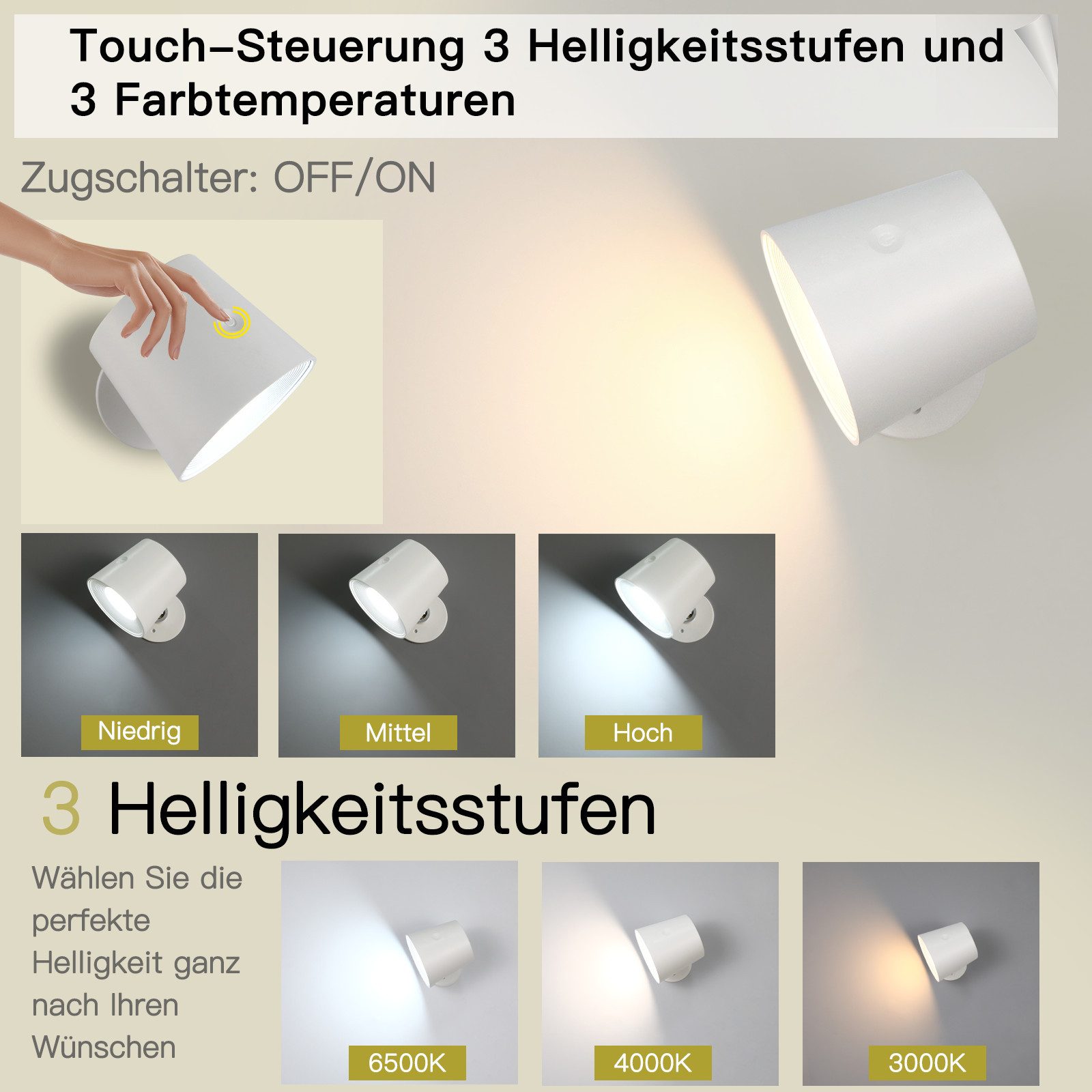 Nettlife LED Wandleuchte Wandlampe Touch 3 Helligkeitsstufen Kabellose, 360 günstig online kaufen