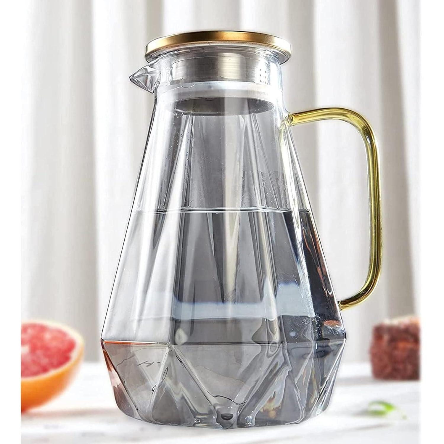 DUJUST Wasserkaraffe Schwarze Glaskaraffe mit Deckel 2 Liter Diamant Design hitzebeständig