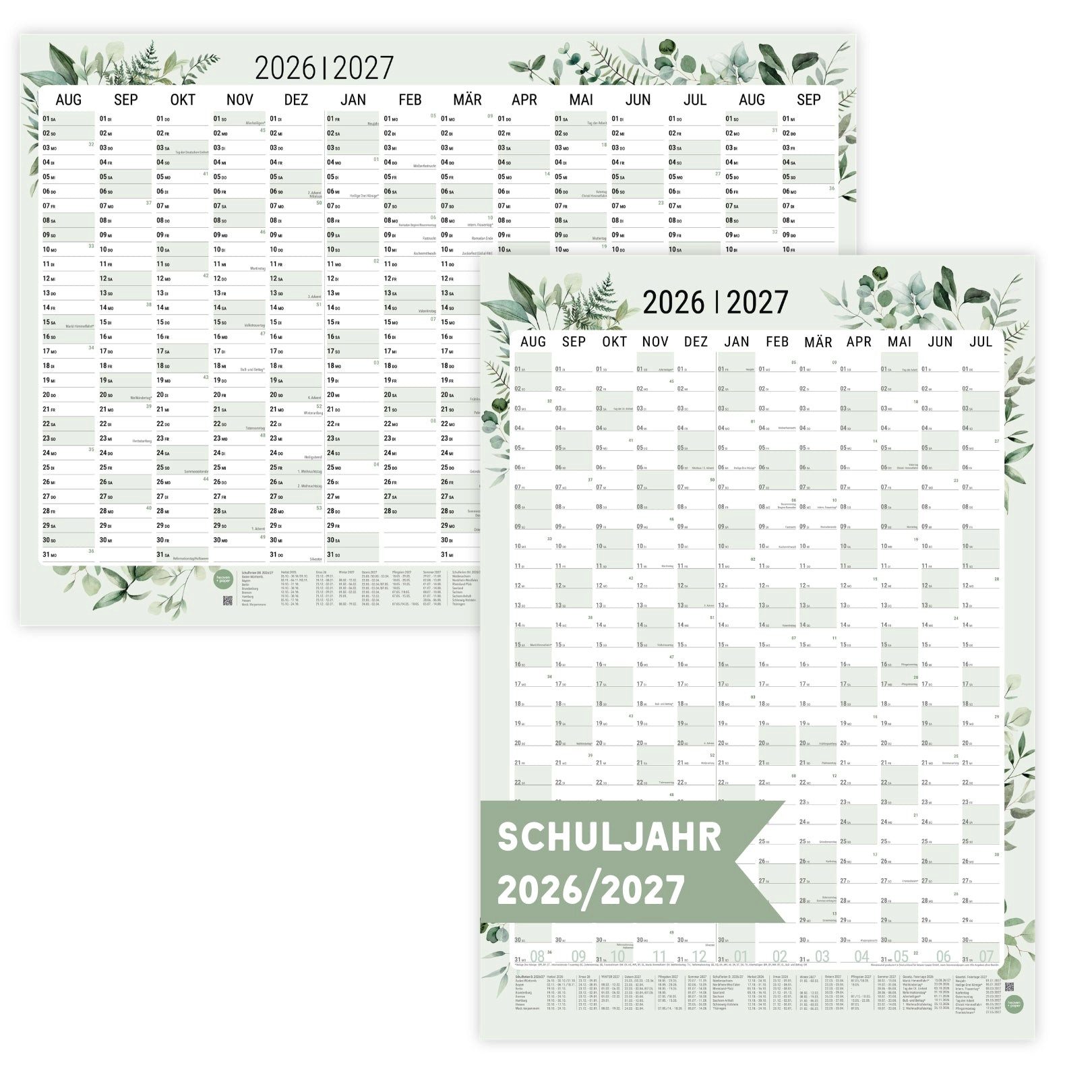 heaven+paper Jahresplaner Schuljahresplaner A1 2026/2027 Green Querformat/Hochformat, Hergestellt in Deutschland