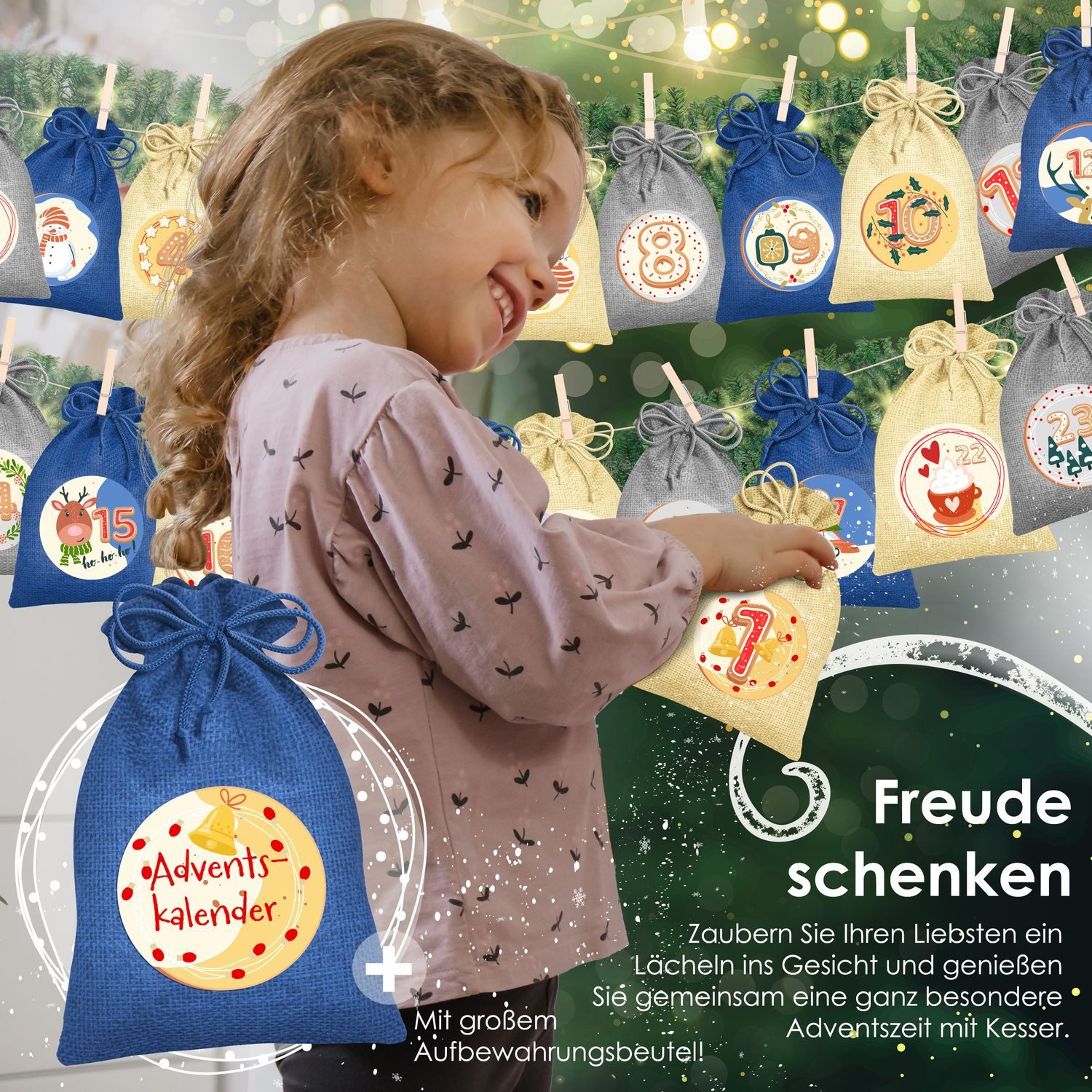 KESSER Adventskalender, Adventskalender zum Befüllen 24 Jutebeutel Stoffbezug gedruckt