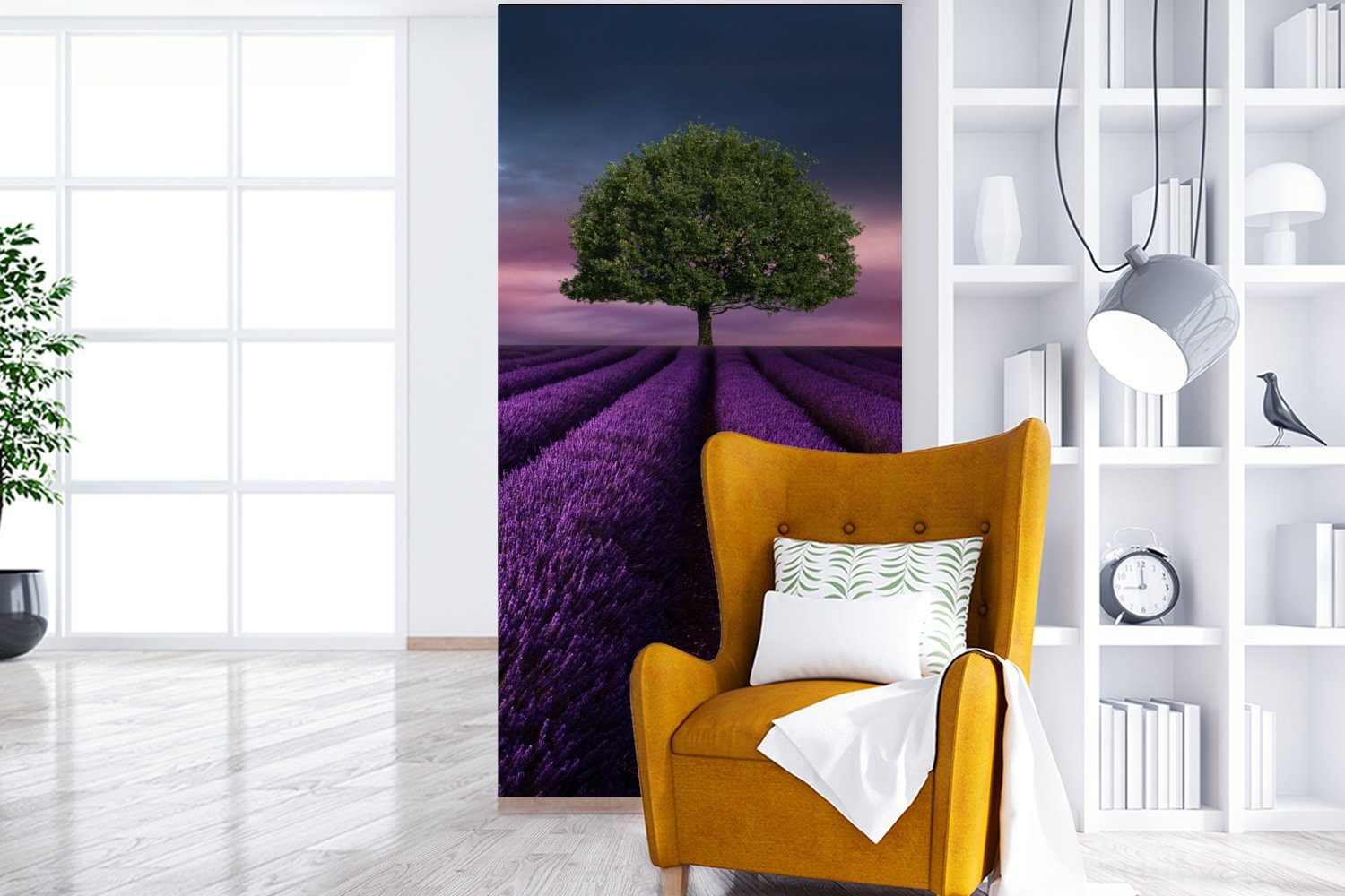 - (2 Fototapete Lavendel Wohnzimmer für Matt, Lila, - bedruckt, Vliestapete MuchoWow Baum Küche, Schlafzimmer St), Fototapete