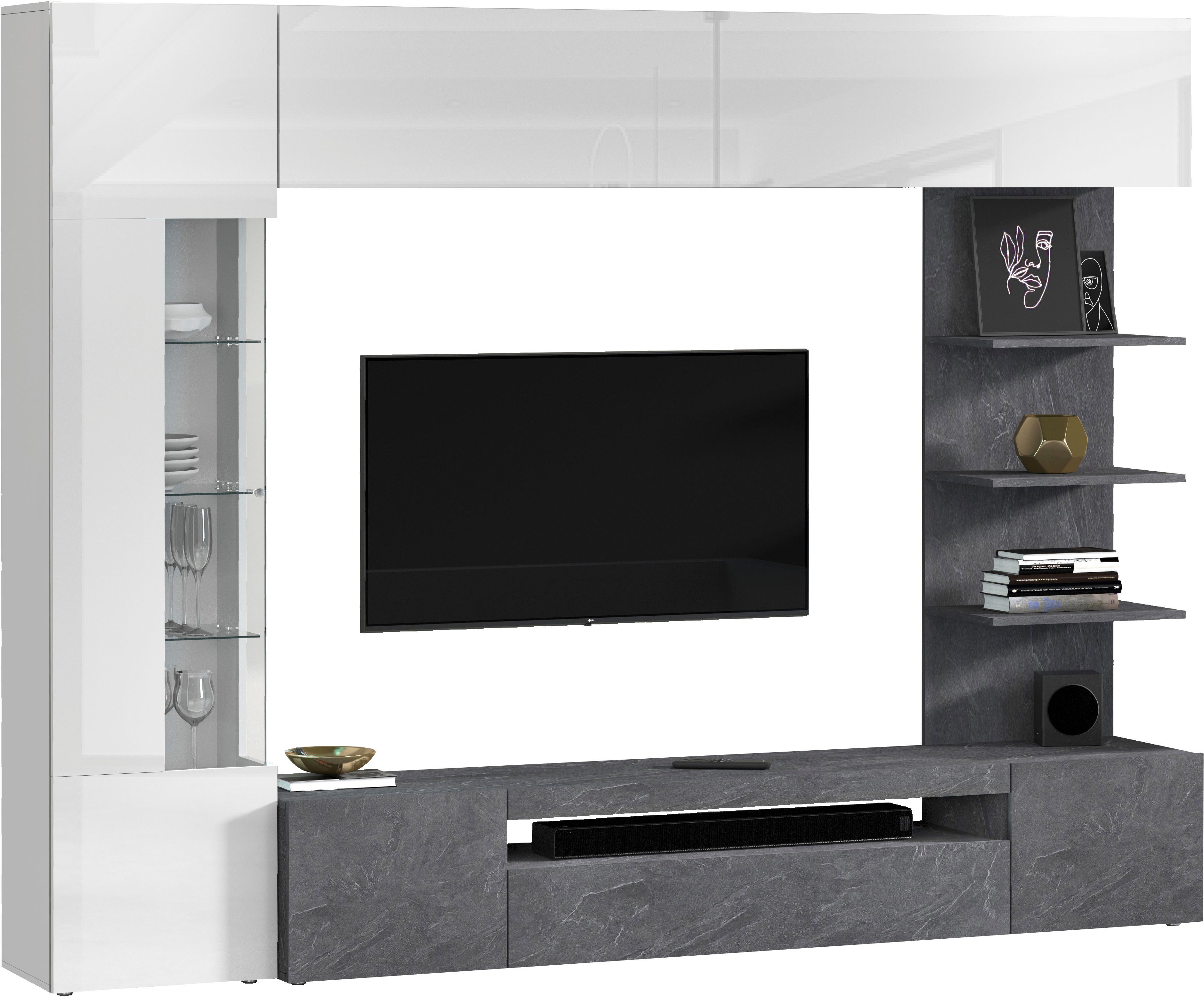 OTTO home Wohnwand Wohnwand New Egypt, Anbauwand, Medienwand, Wohnzimmerwand, (4-St., Weiß in Hochglanz, alle anderen Farben in matter Ausführung), 2 Klappen, 2 Türen, 1 Glastür, Regalaufsatz, B 245 × H 191 cm