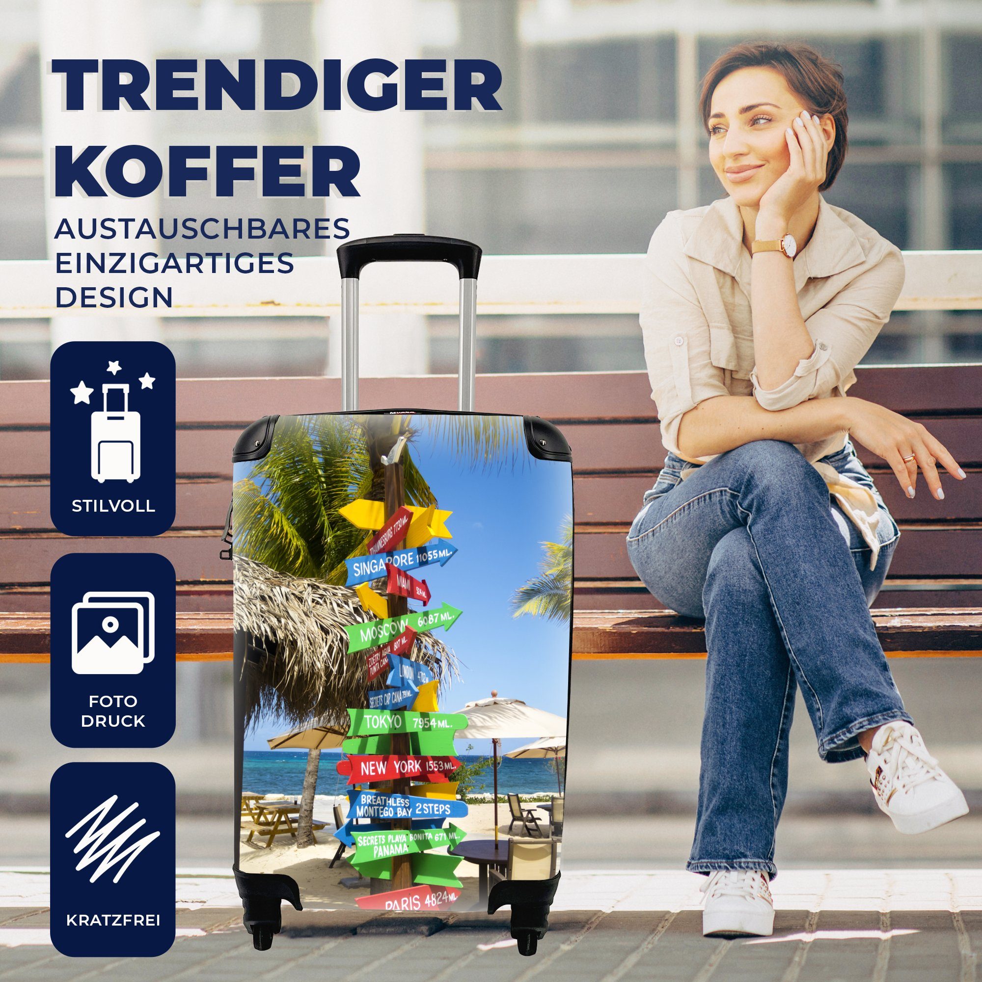 MuchoWow Handgepäckkoffer Farbiger Wegweiser mit Weltstädten am Strand in Jamaika, 4 Rollen, Reisetasche mit rollen, Handgepäck für Ferien, Trolley, Reisekoffer