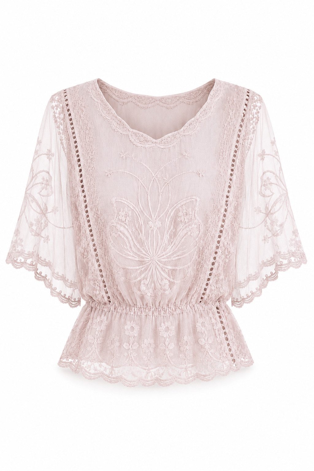 ITALY VIBES Spitzenbluse - Damen Spitzenbluse mit Lochstickerei, Boho Sommerbluse, Kurzarm ONE SIZE, passend für Größe XS bis L