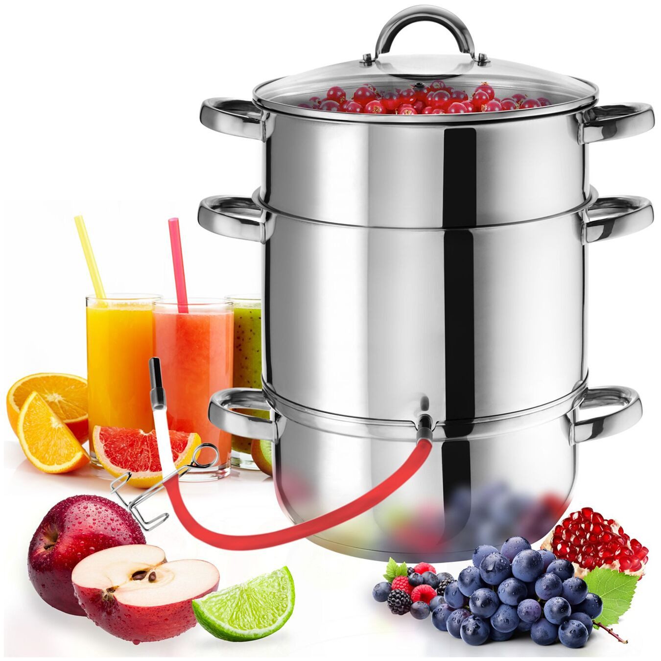 tectake Entsafter 7-tlg. Dampf-Saftbereiter Ø 26 cm aus Edelstahl, mit Glasdeckel, 0 W, 15 Liter, für Obst und Gemüse, induktionsgeeignet, spülmaschinenfest