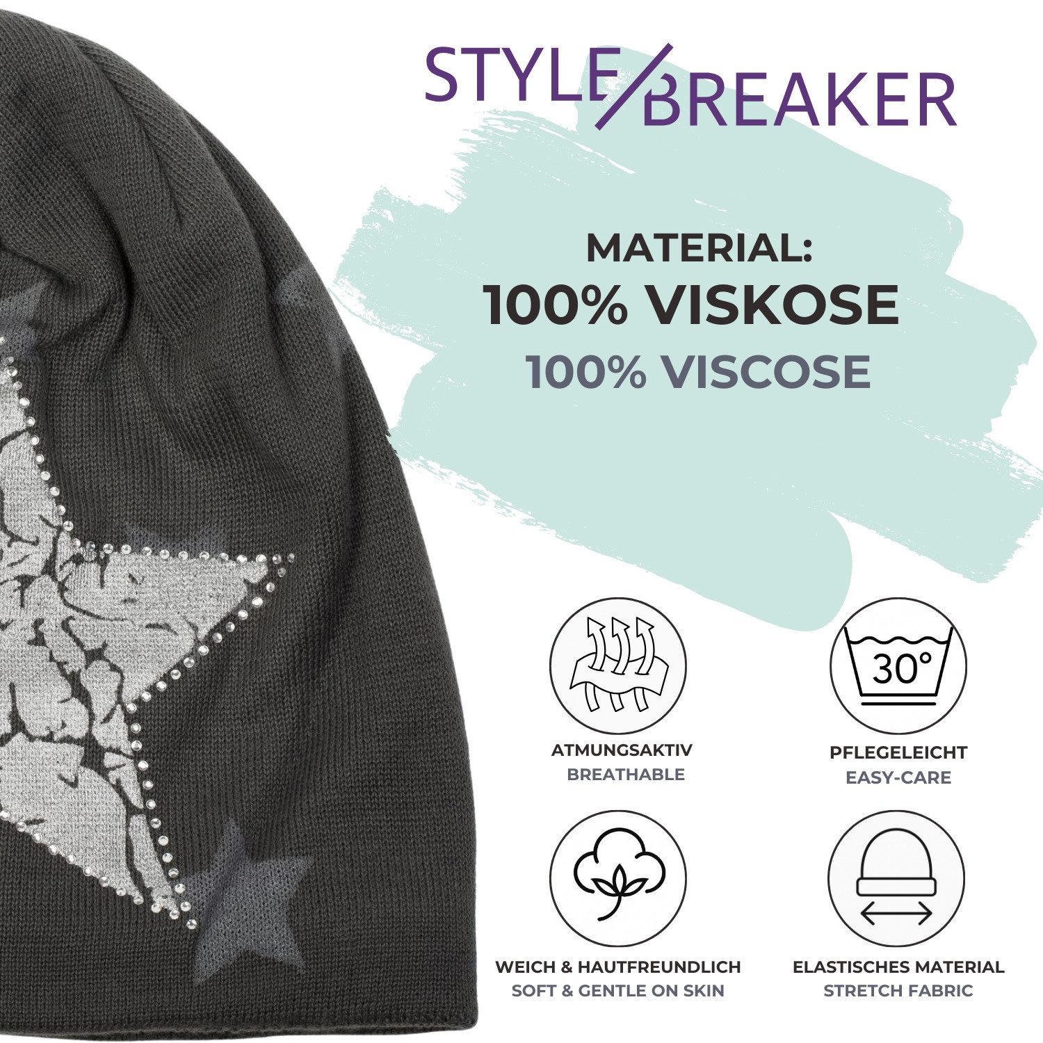 styleBREAKER Strickmütze Feinstrick Beanie mit Sternen und Strass (1-St)