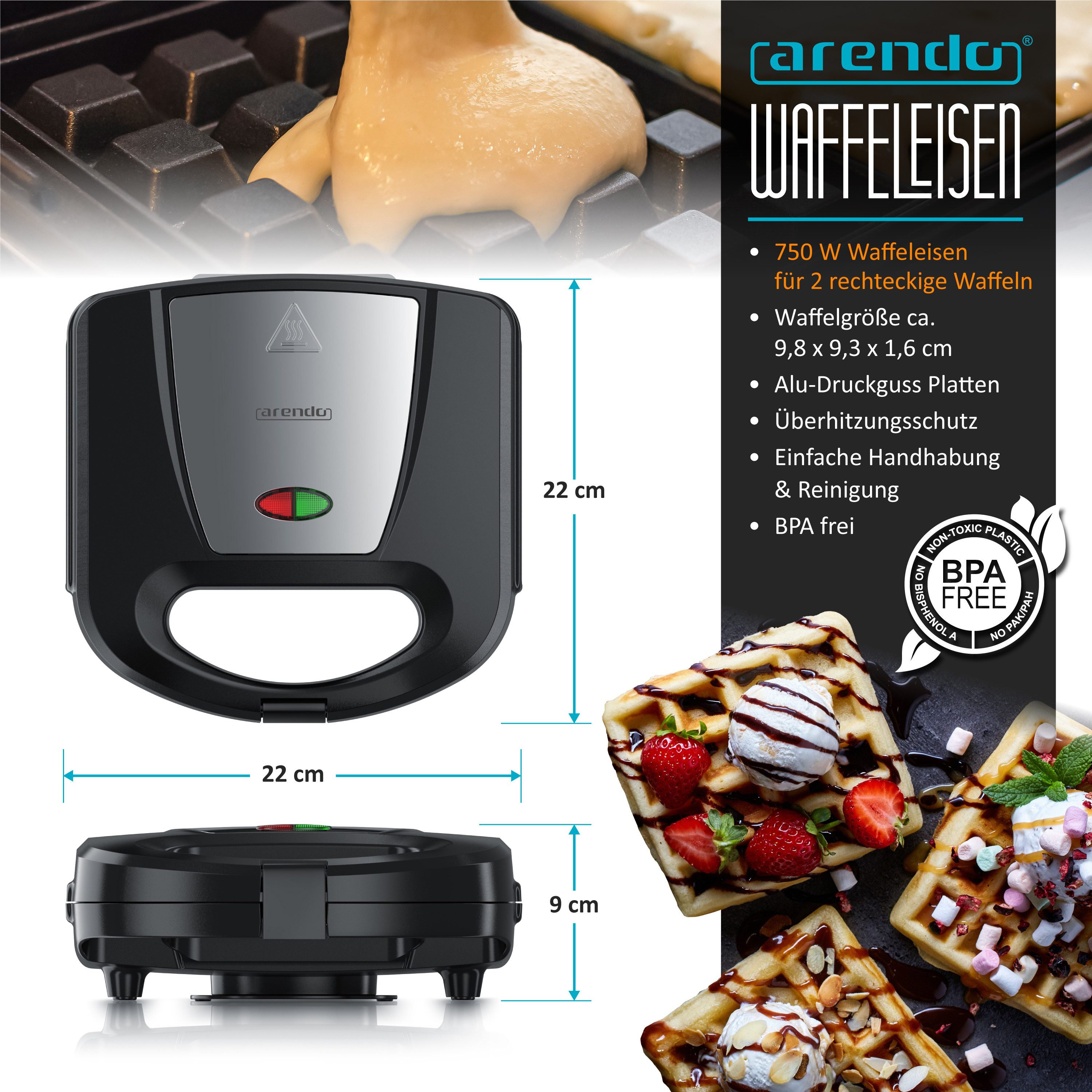 Arendo Waffeleisen Doppelwaffeleisen für belgische Waffeln, rechteckig & kompakt, 750 W, Waffelautomat mit Antihaftbeschichtung, Backampel & isolierter Griff