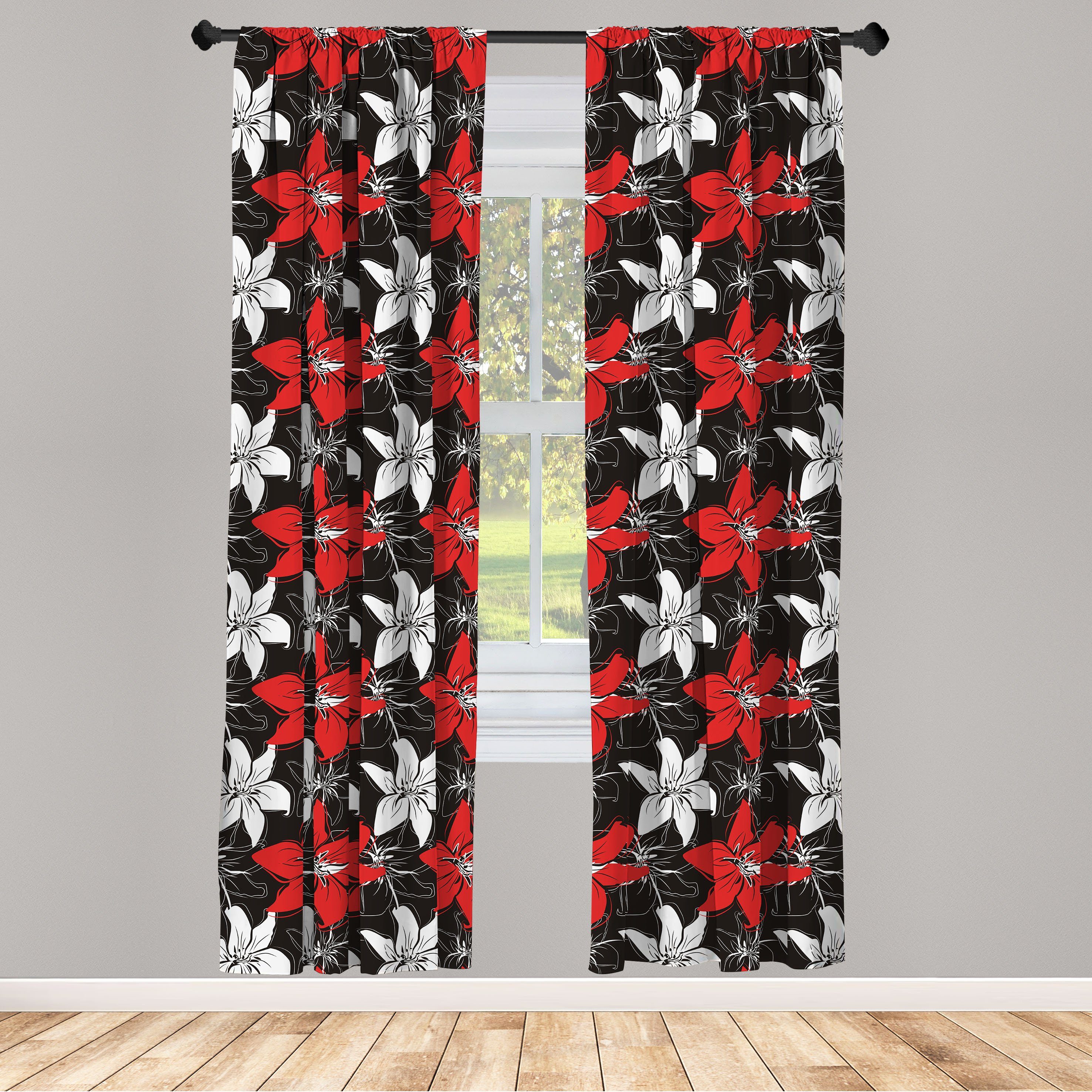 Gardine Vorhang für Wohnzimmer Schlafzimmer Dekor, Abakuhaus, Microfaser, Rot und Schwarz Gartenpflanzen Kunst