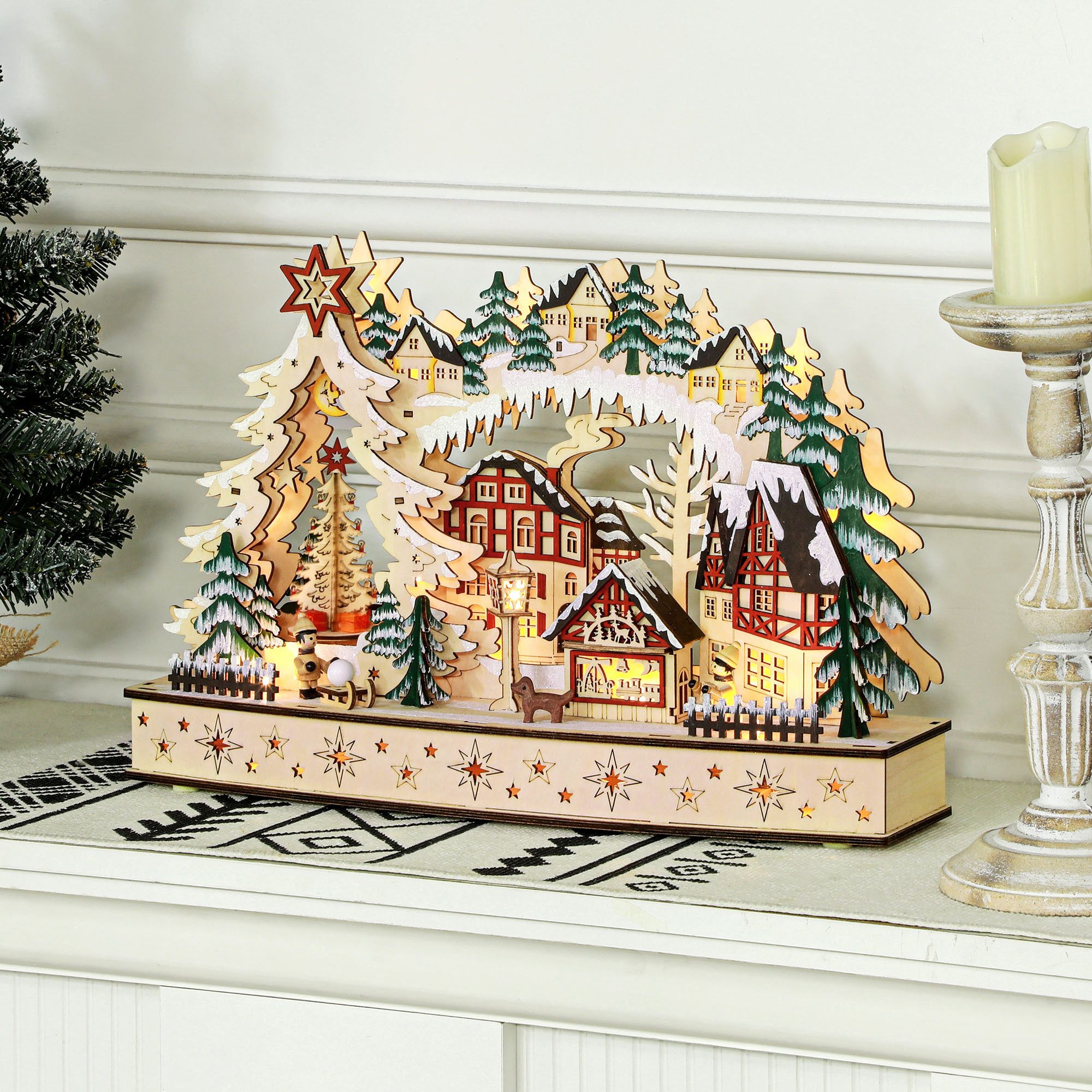 HOMCOM Weihnachtsdorf LED Winterlandschaft mit Waldszene, Weihnachtshäusern, Tischdeko für Weihnachten, Natur
