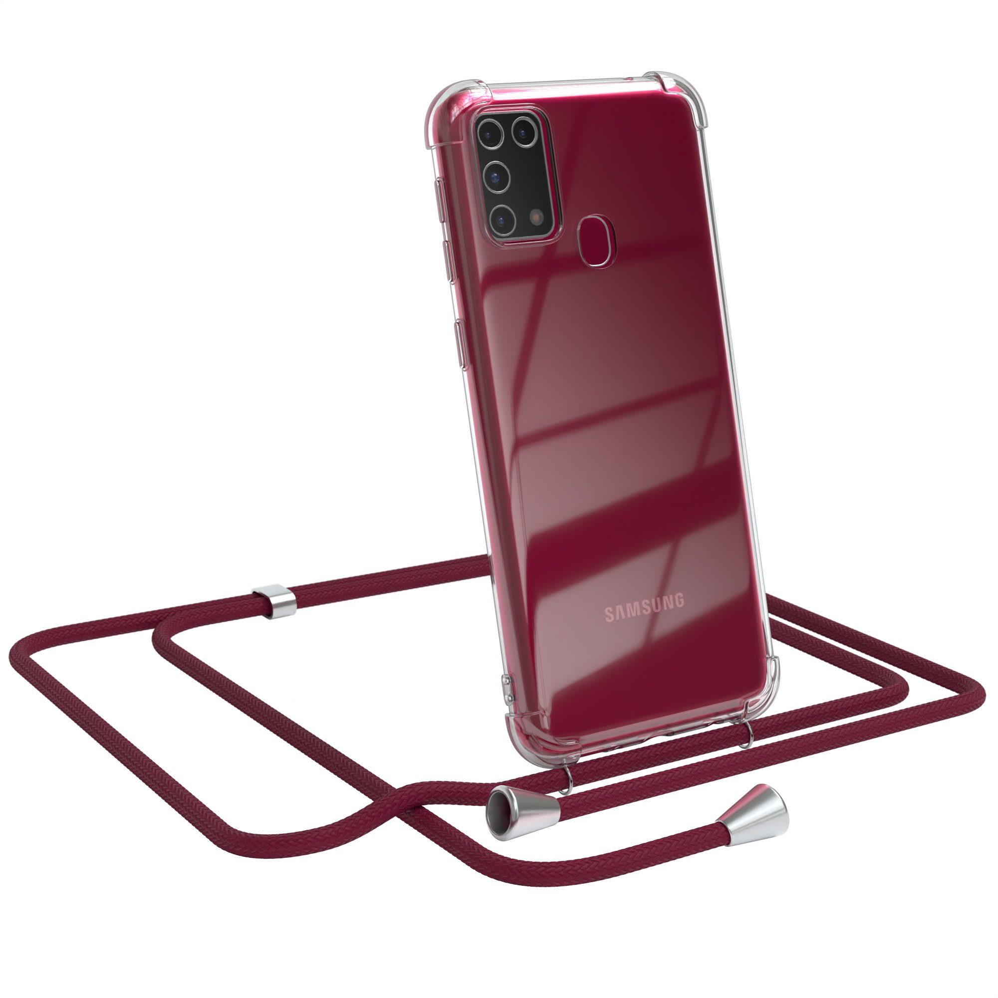 EAZY CASE Handykette Hülle mit Kette für Samsung Galaxy M31 6,4 Zoll, Silikonhülle durchsichtig mit Umhängeband Handytasche Bordeaux Rot