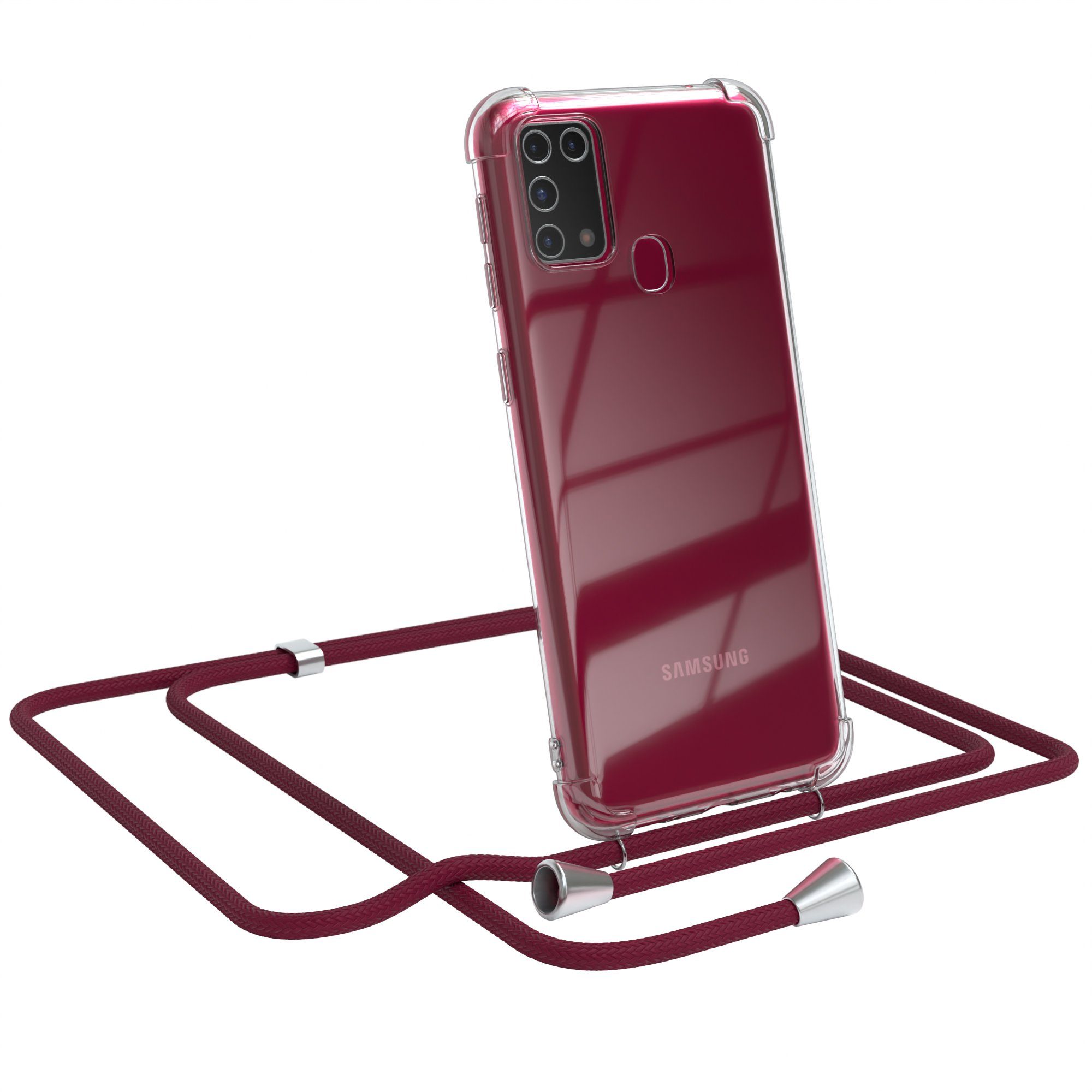 EAZY CASE Handykette Hülle mit Kette für Samsung Galaxy M31 6,4 Zoll,  Silikonhülle durchsichtig mit Umhängeband Handytasche Bordeaux Rot