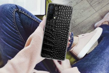 MuchoWow Handyhülle Leder - Strukturiert - Schwarz - Grau, Phone Case, Handyhülle OnePlus Nord CE 5G, Silikon, Schutzhülle