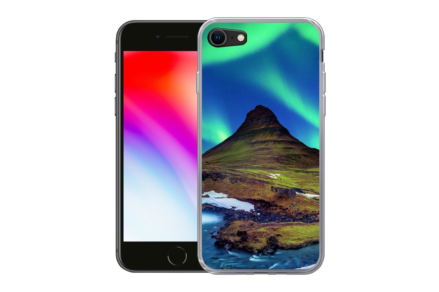 MuchoWow Handyhülle für Apple iPhone 8 Nordlicht - Sternenhimmel - Island - Berg - Grün -, Smartphone-Bumper, Print, Handy Schutzhülle Dünn