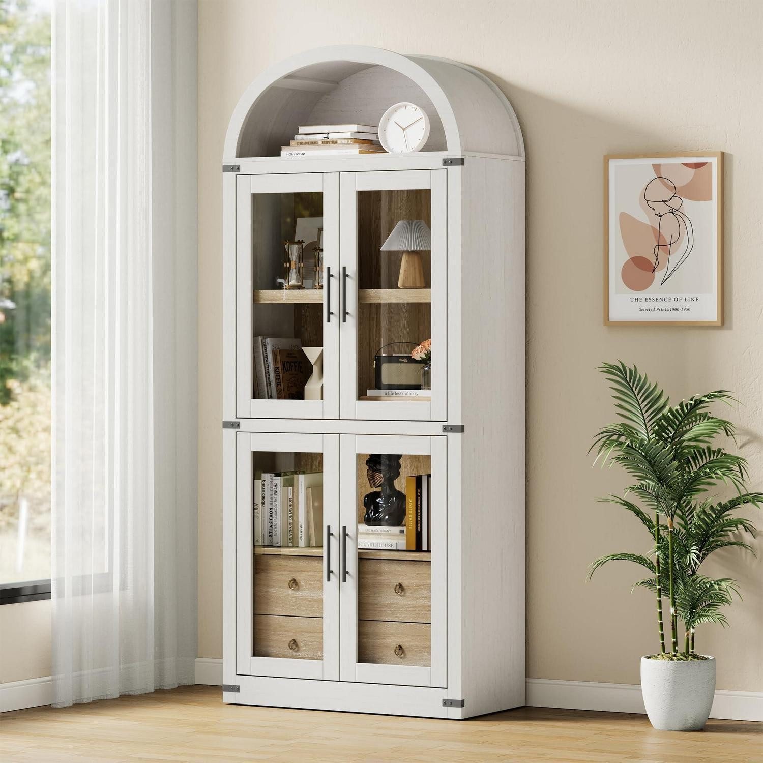 LuxusKollektion Glasvitrine Glasvitrine 182cm Glastüren 4 Regale 2 Schubladen Antikipp Weiß