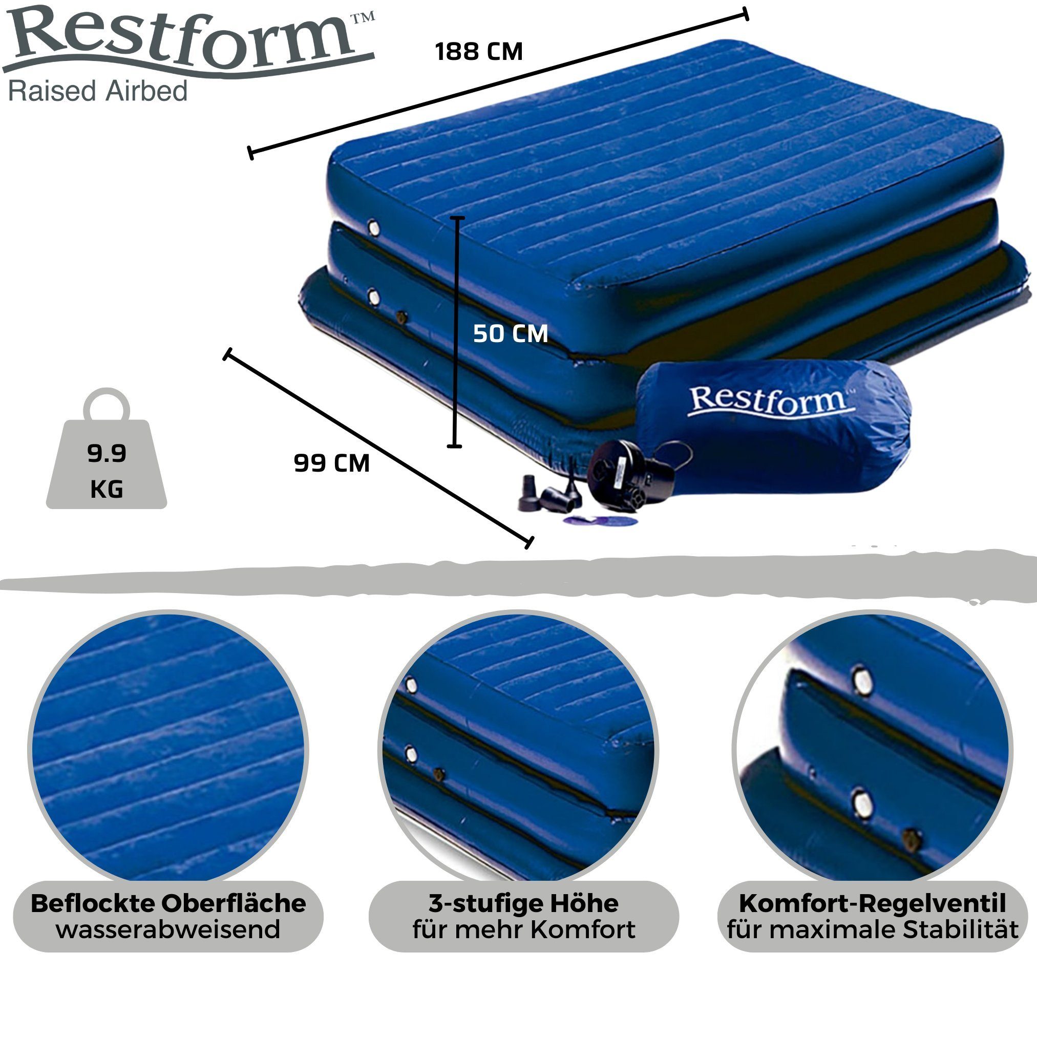 Restform® Luftbett High Raised Airbed (Set, teilig), Pumpe 1 elektrischer Matratze mit 90x190, Aufblasbare Single, für Person
