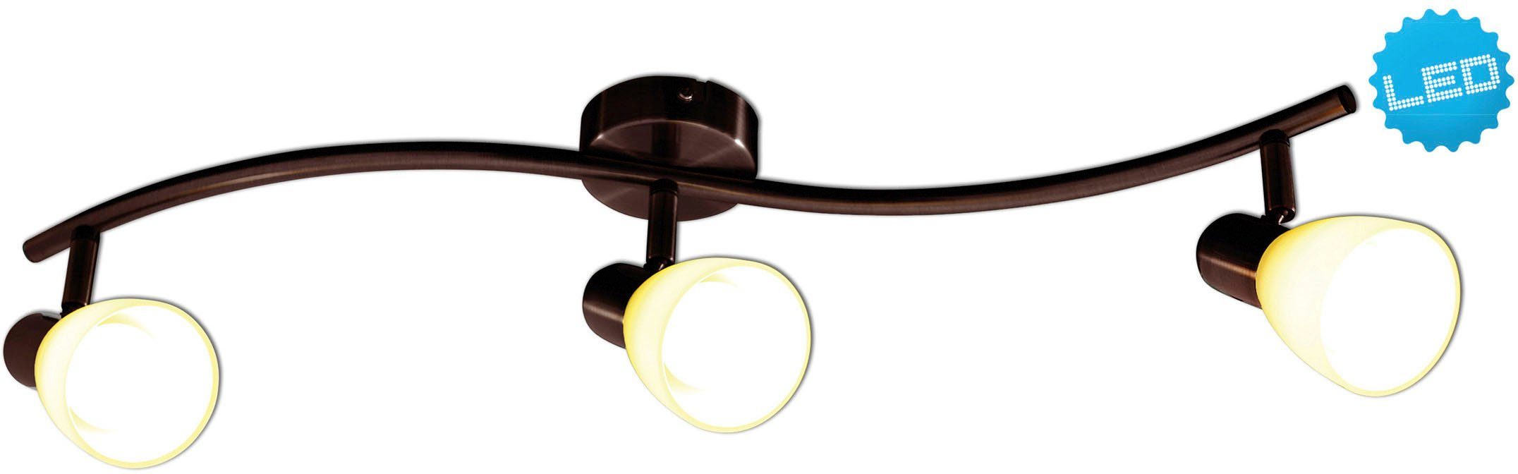 näve LED Deckenspot Mestre, LED wechselbar, Warmweiß, 3er LED Wand-u. Deckenspot, E14, braun, Glasschirm weiß | Deckenstrahler