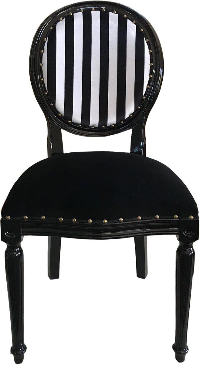Casa Padrino Medaillon Schwarz / Esszimmerstuhl Weiß Barock Streifen Esszimmer Möbel - Schwarz Stuhl Luxus