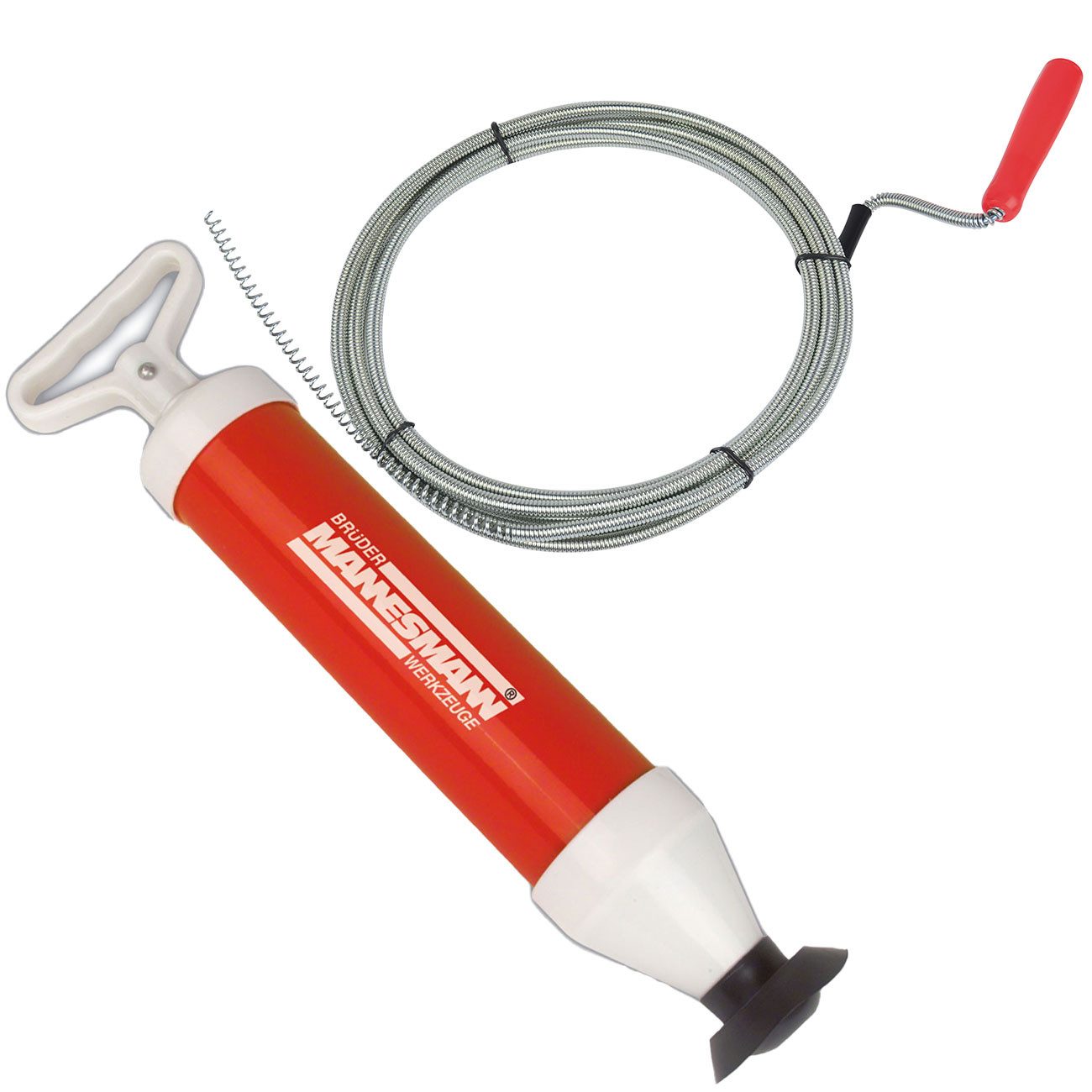 Brüder Mannesmann Werkzeuge Rohrreinigungspumpe Abflussreiniger Set Rohreinigungspumpe & 3m Spirale Rohrreiniger Rohr, (2 tlg), Vakuum-Pumpe & 3m Rohrreinigungsspirale