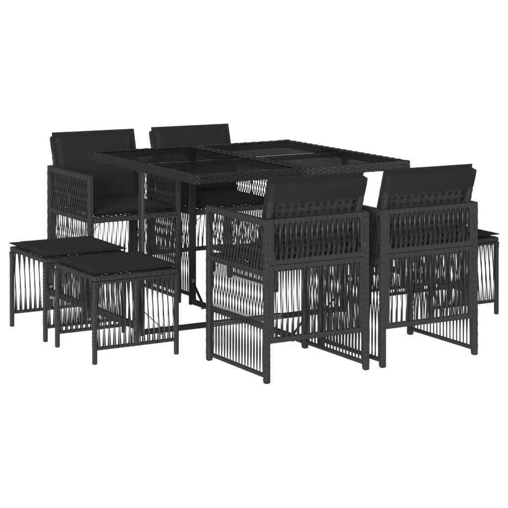 vidaXL Garten-Essgruppe 9-tlg. Garten-Essgruppe mit Kissen Schwarz Poly Rattan, (8-tlg)