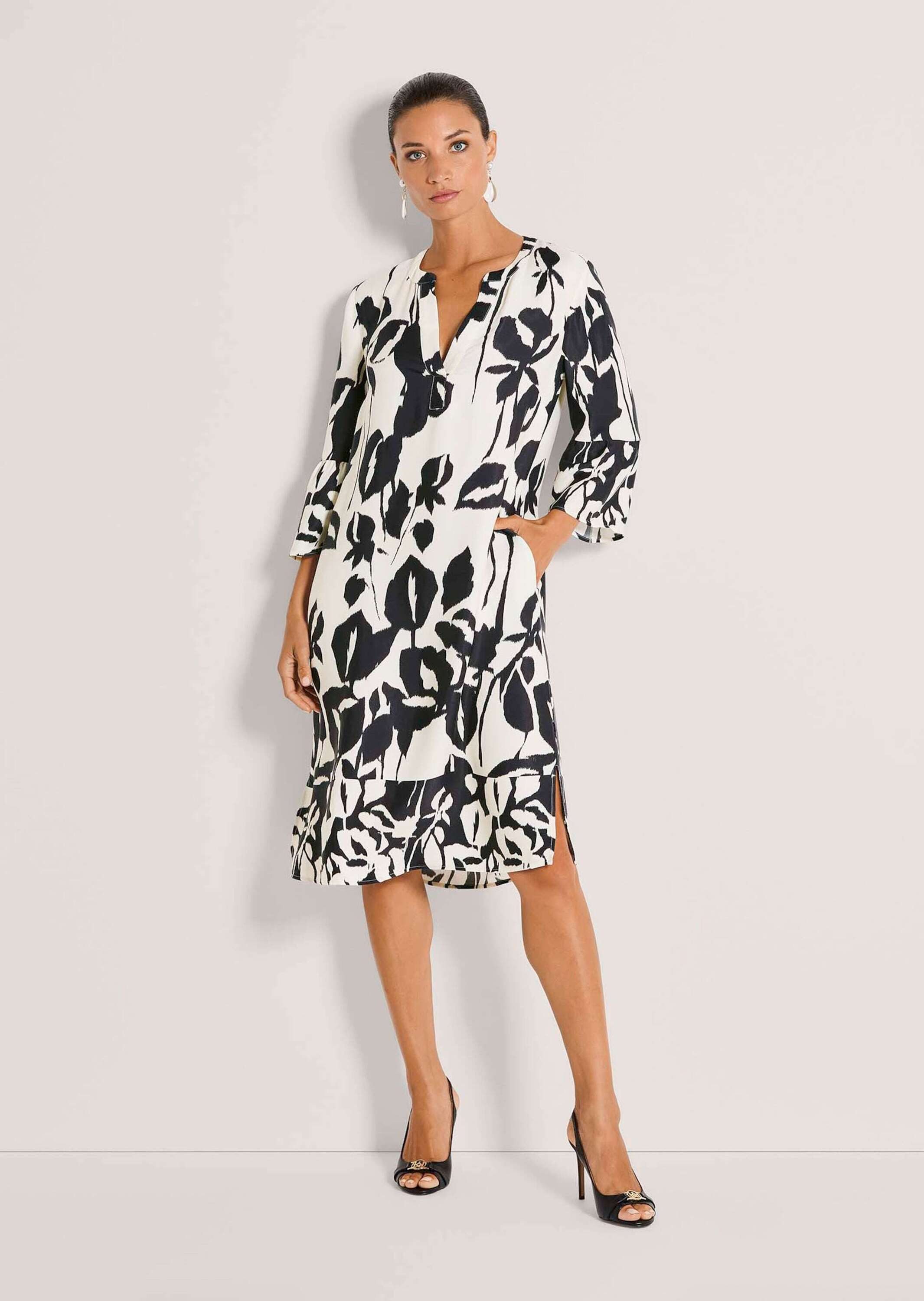 MADELEINE Midikleid Druckkleid mit floralem Muster Midikleid mit Rundhals, V-Ausschnitt, Taschen, 3/4-Arm und Knielänge