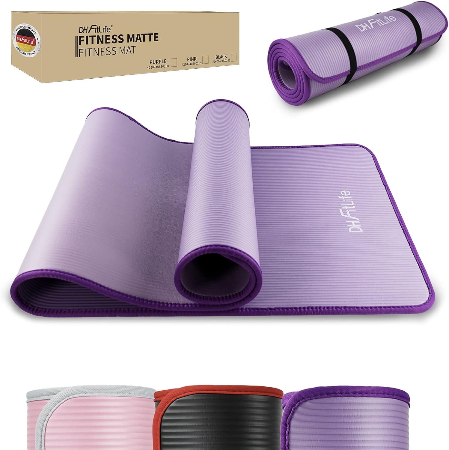 DH FitLife Fitnessmatte Fitnessmatte, Sportmatte 183 * 61 * 1 cm (Gymnastikmatte extra reißfest, Yogamatte rutschfest und dick, Workout Matte, Fitnessmatte mit Orientierungslinien), Gelenkschonend, Schalldämpfend