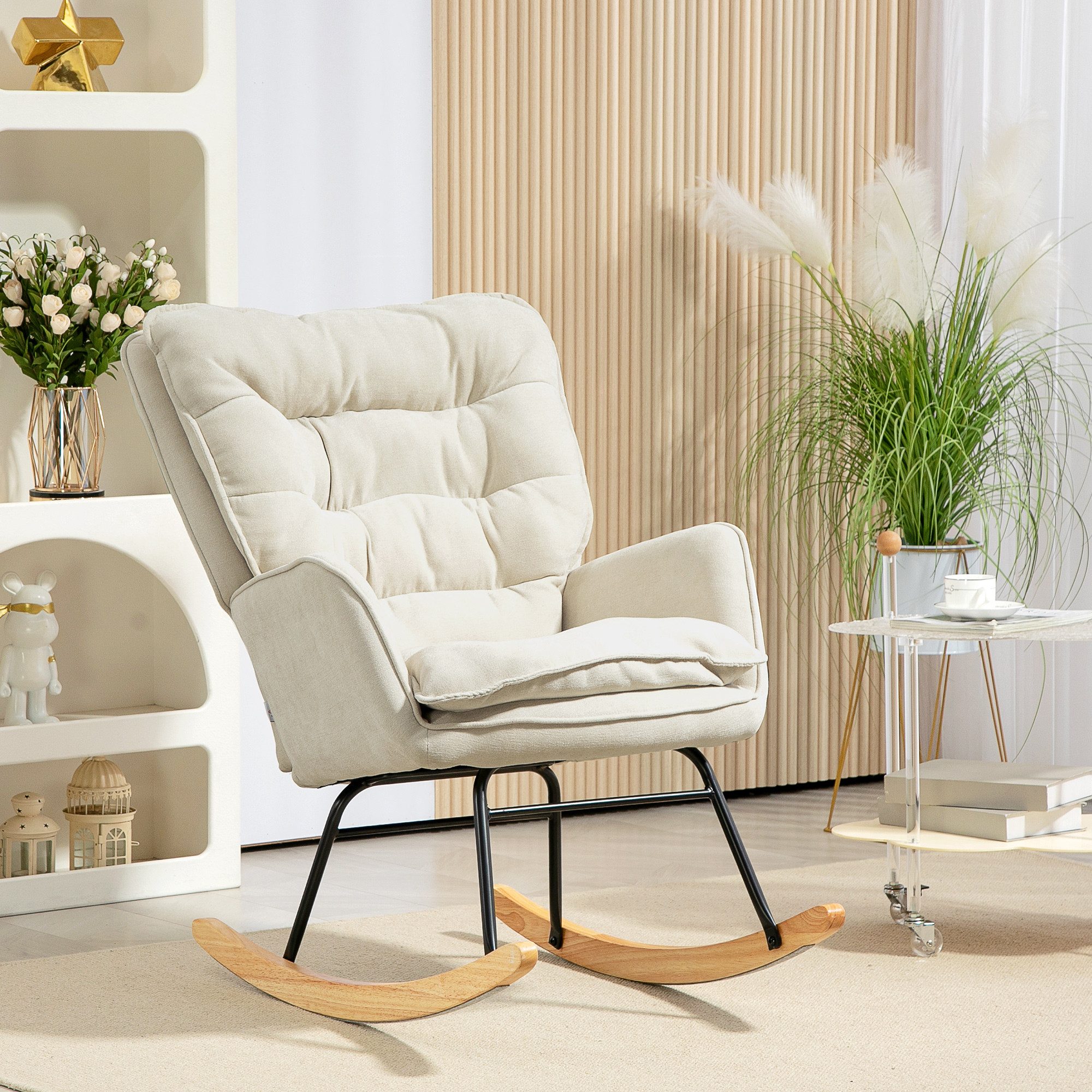 HOMCOM Schaukelstuhl Schaukelsessel, Sessel mit Rückenlehne, Holzkufen (Schwingsessel, 1 St), bis 120 kg Belastbarkeit für Schlafzimmer, Wohnzimmer, Beige