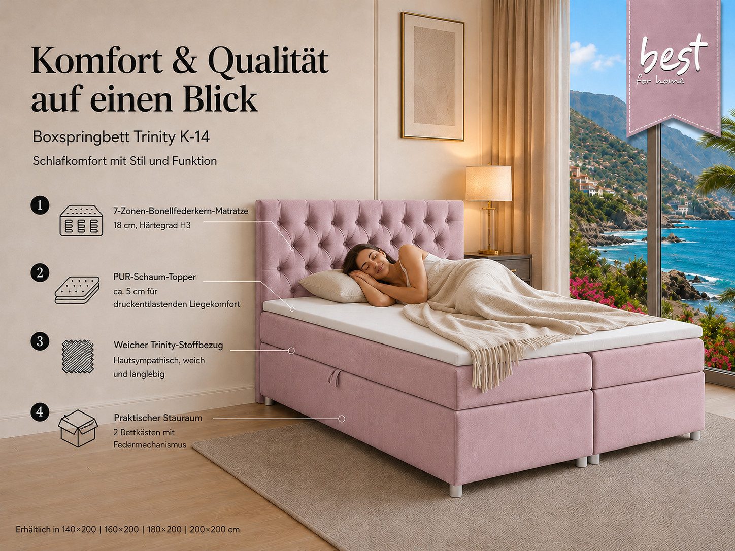 Best for Home Boxspringbett Boxspringbett Trinity K-14 mit 7-Zonen-Matratze und Stauraum (Boxspringbett-Set, 1-St., Boxspringbett-Set inklusive Matratze, Topper und Bettkästen), 7-Zonen-Matratze, PUR-Schaum-Topper, gepolstertes Kopfteil