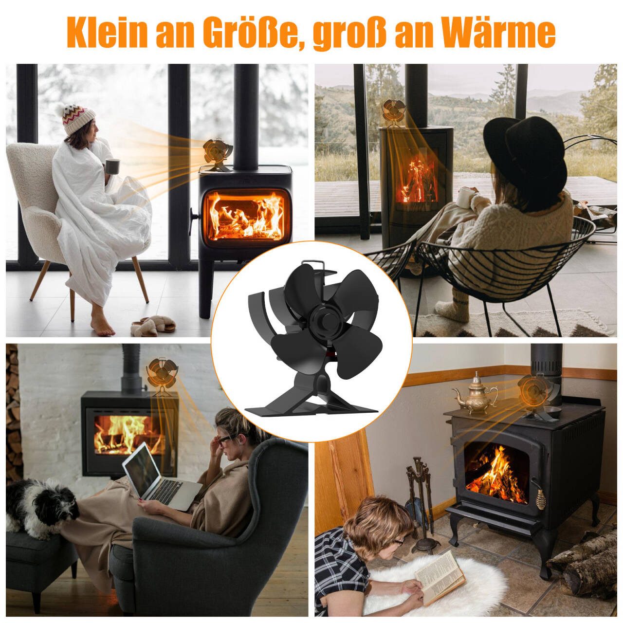 SunJas Kaminventilator 4 Flügel Ofenventilator Ohne Strom, Wärmebetriebener, Leiser, Mini Kaminlüfter,Umweltfreundlich für Pellet/Holzbrenner/Kamin – Bild 5 von 5