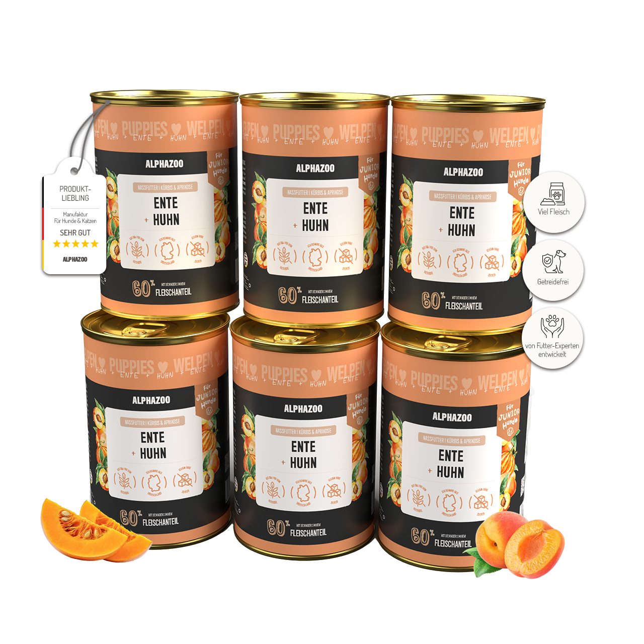 ALPHAZOO Ente + Huhn Nassfutter für Welpen 6x400g Ente + Huhn, Nassfutter