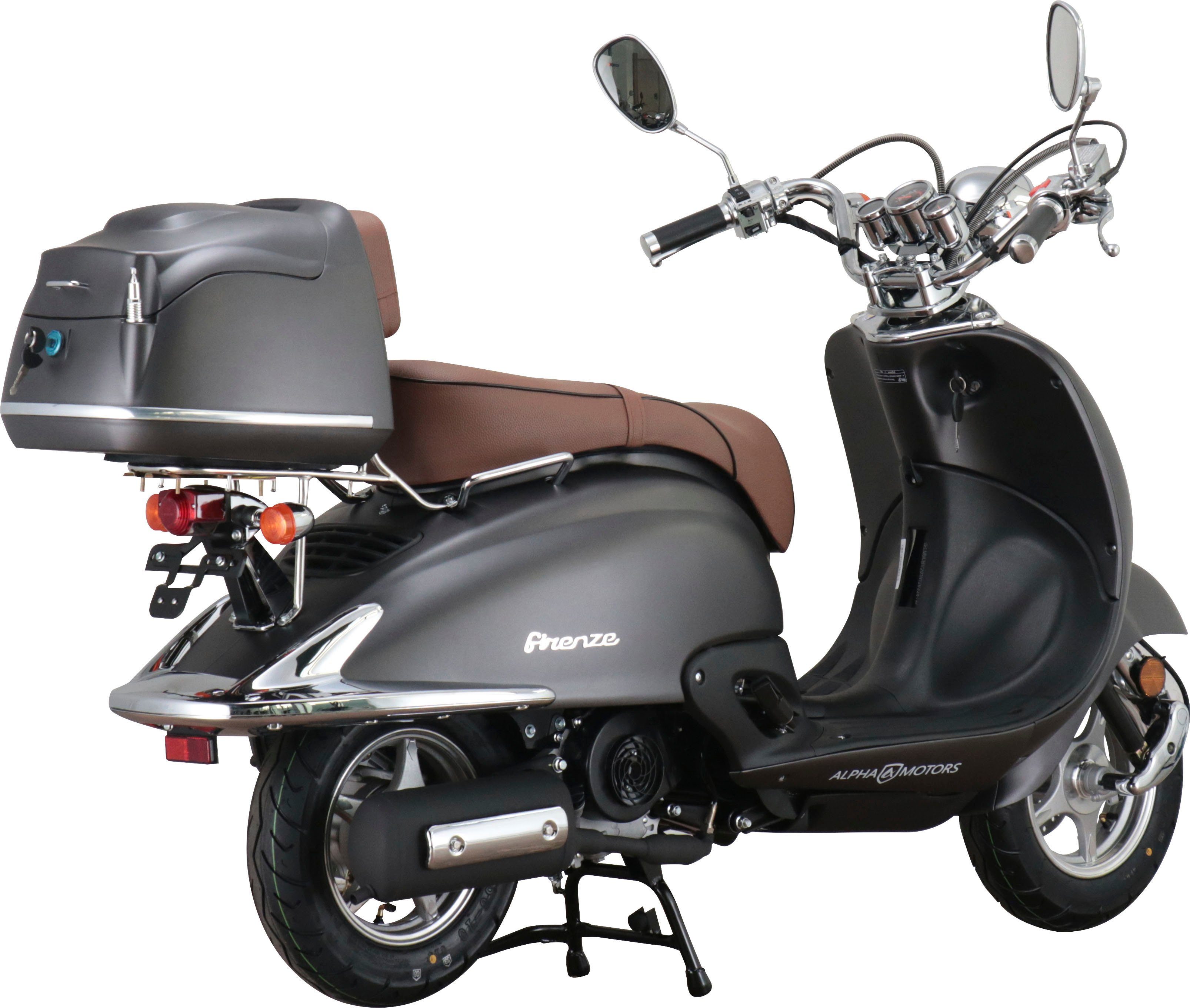 Alpha Motors Motorroller Retro Firenze, 50 braun ccm, 45 Euro Topcase mattschwarz 5, inkl. km/h, 