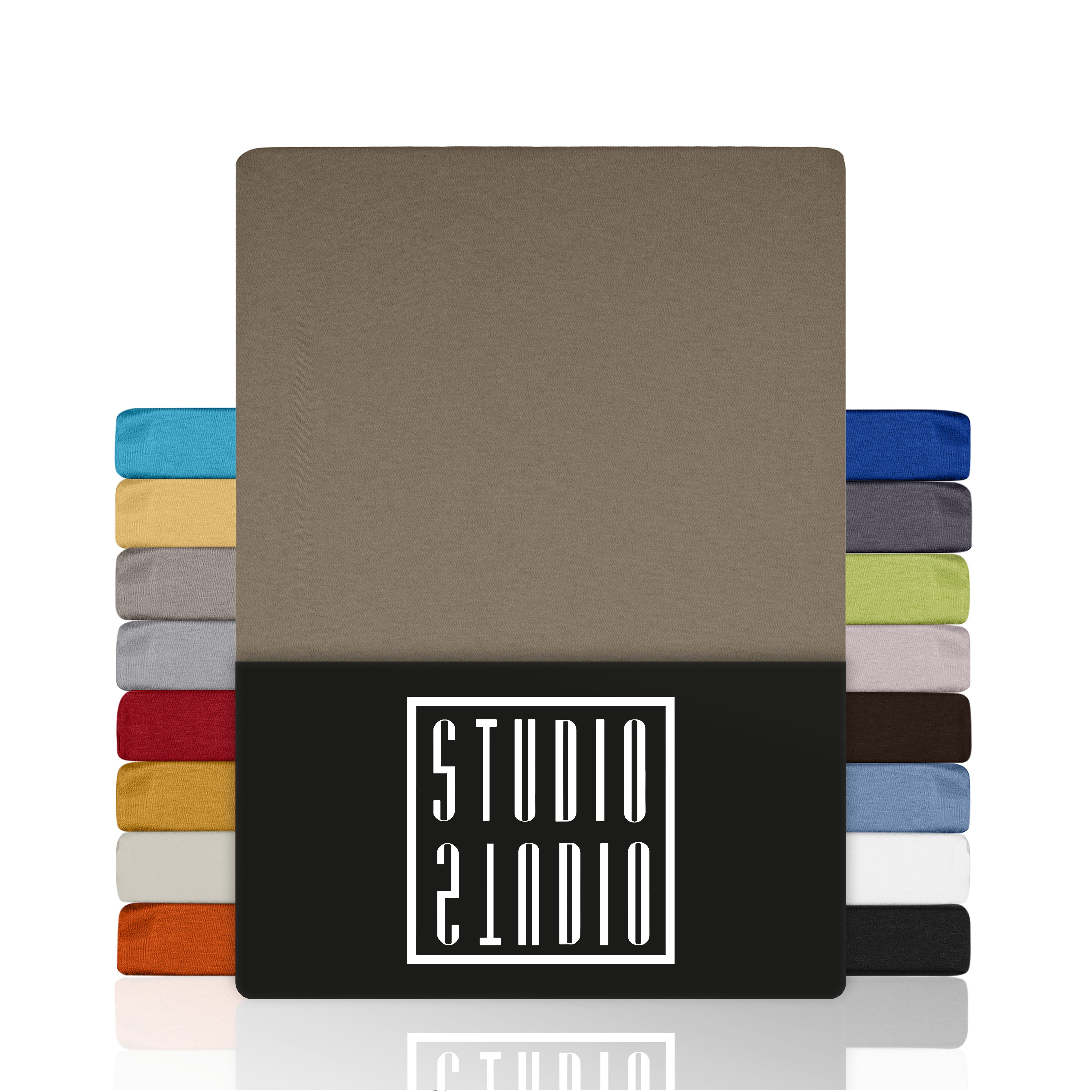 STUDIO Spannbettlaken Basic, viele Größen, 100% gekämmte Baumwolle, OEKO-TEX 100, Jersey, Baumwolle, Gummizug: rundum, (1 Stück), 90x190 cm Bettlaken Spannbetttuch bis 25 cm Höhe - Taupe