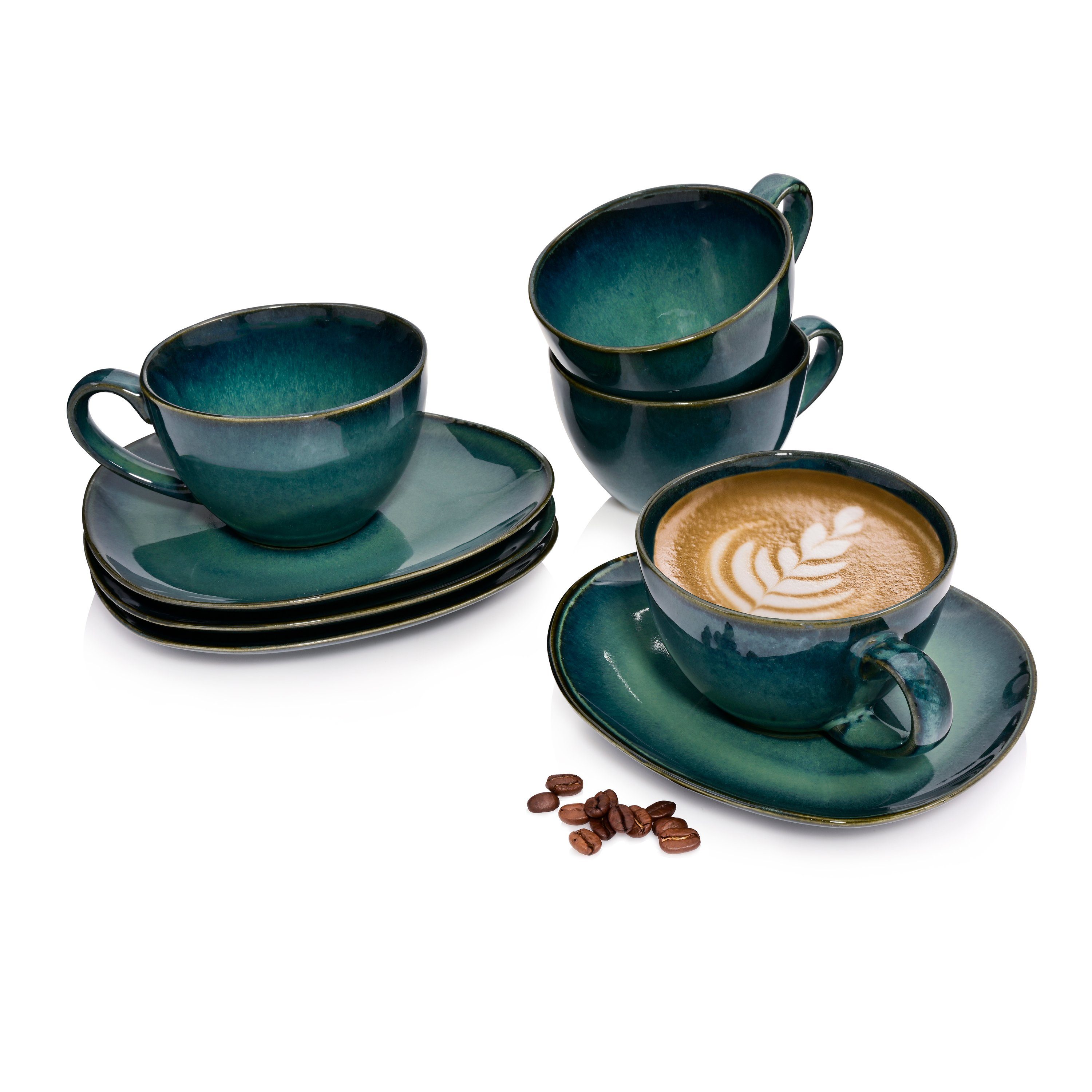 SÄNGER Kaffeeservice Mauri Kaffeetassen Set (8, 8-tlg), 4 Personen,  Steingut, Dunkelgrün mit dunkelblauem Farbverlauf, Handmade