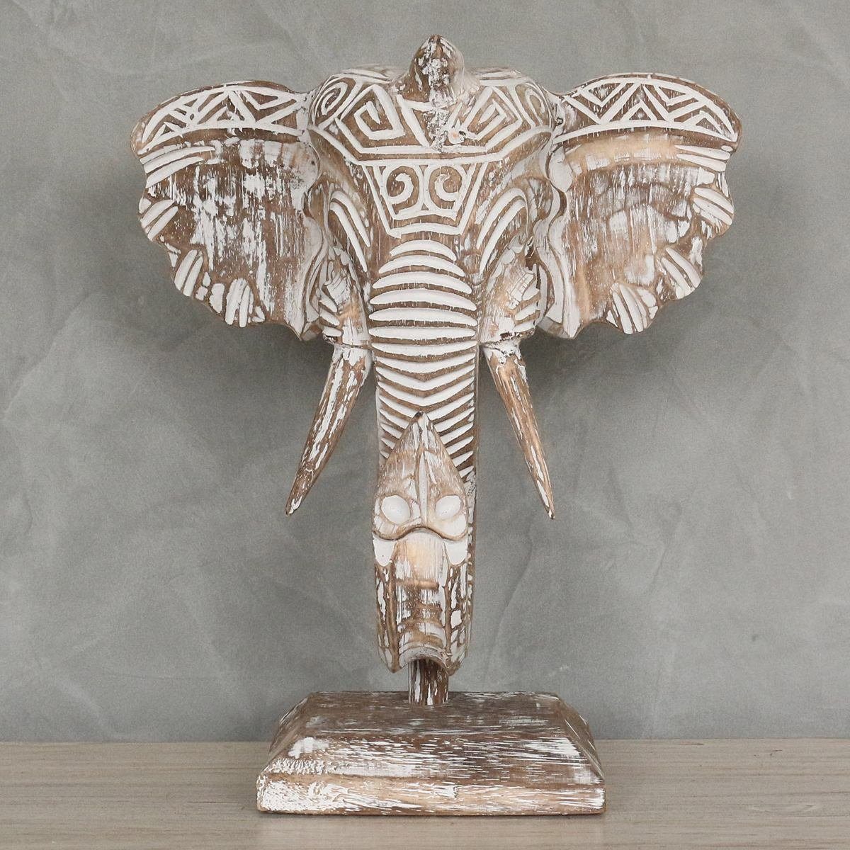 in 30 Oriental Skulptur Handarbeit im Galerie Holz Elefantenkopf traditionelle (1 klein Ursprungsland Braunwash Dekofigur cm St), Herstellung