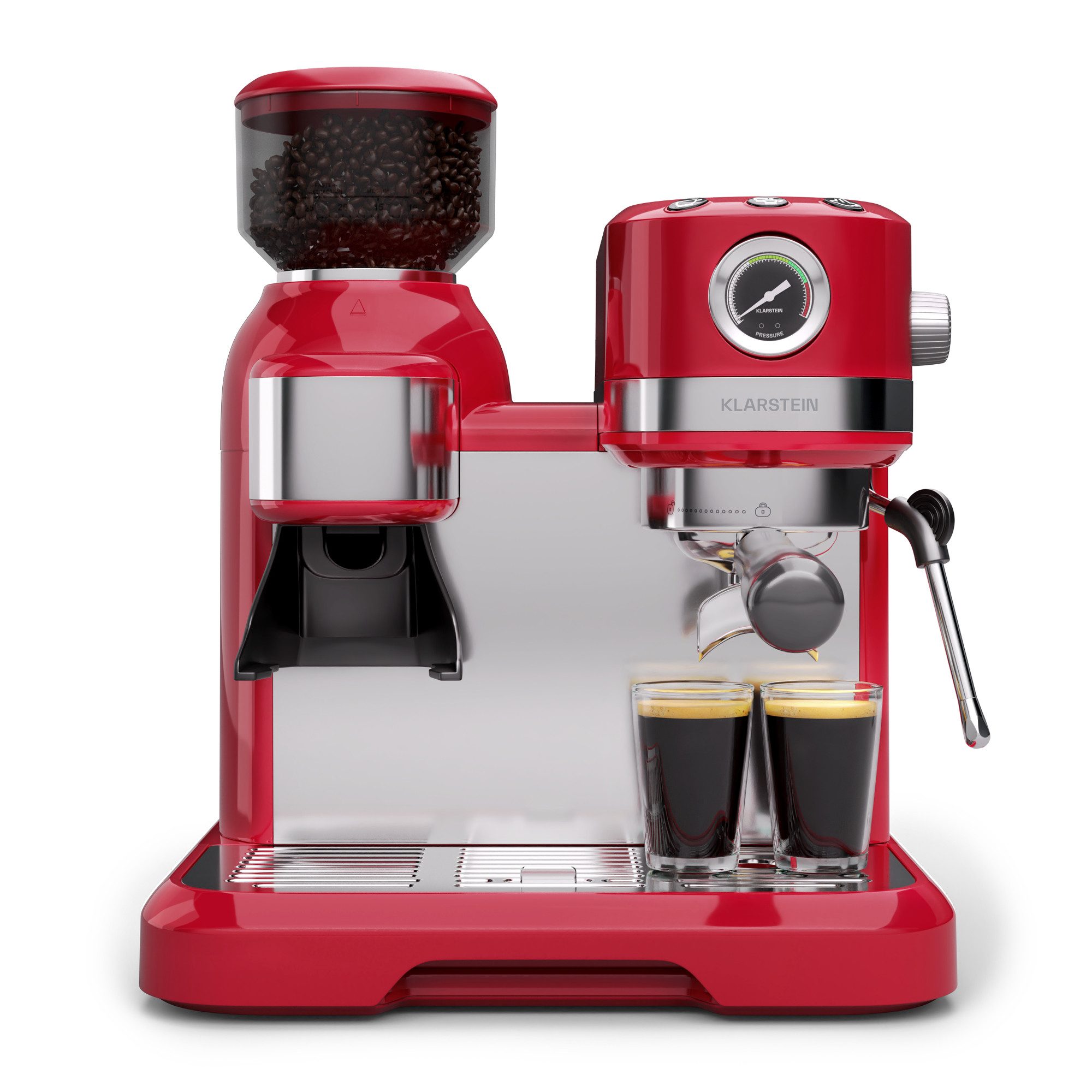 Klarstein Espressomaschine, 1.4l Kaffeekanne, Edelstahl-Siebträger, Elektrisch 19 Bar Espressomaschine Kaffemaschine Kegel-Mahlwerk