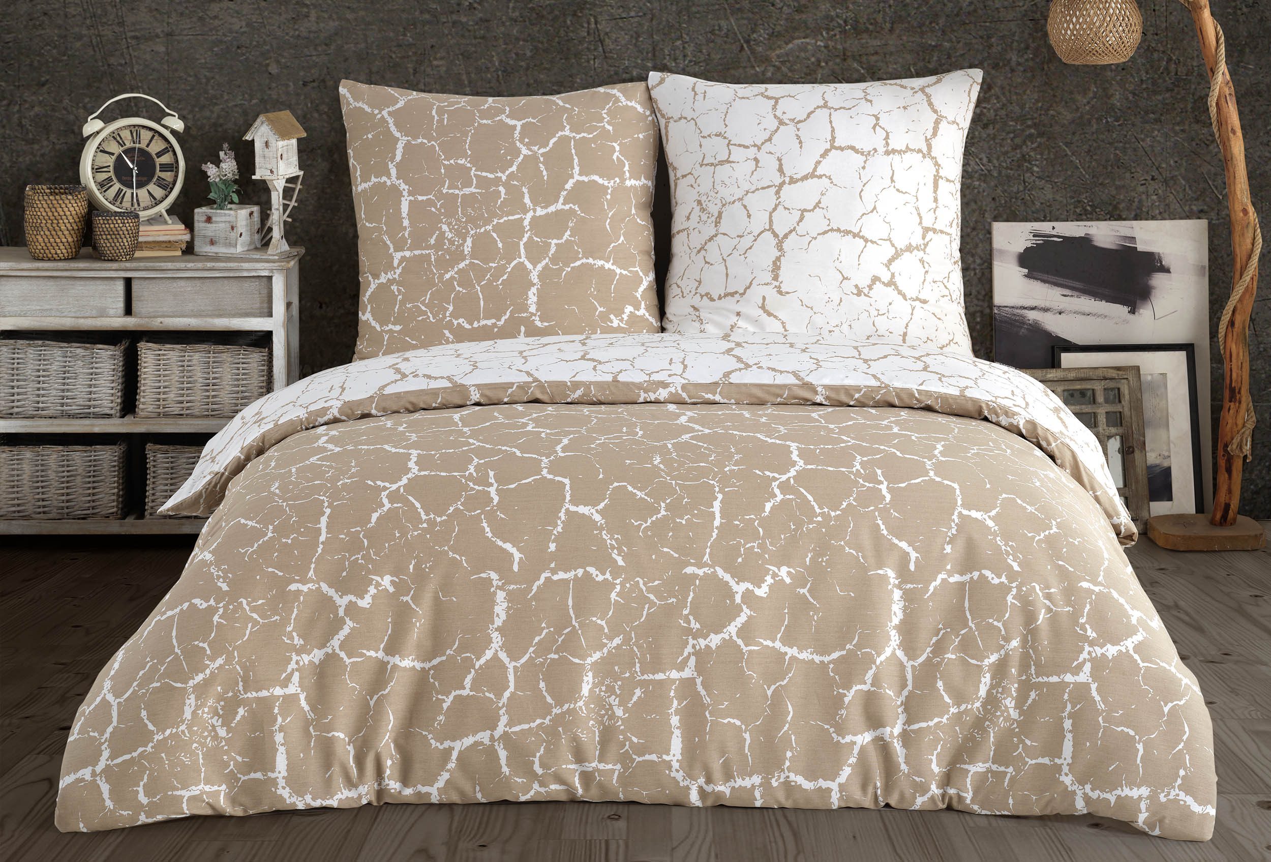 Buymax Bettwäsche Mercer, Bettgarnitur, Bettbezug Set, Renforce: 100% Baumwolle, 2 teilig, 155x220 cm, mit Reißverschluss, Muster Marmor, Beige, Weiß