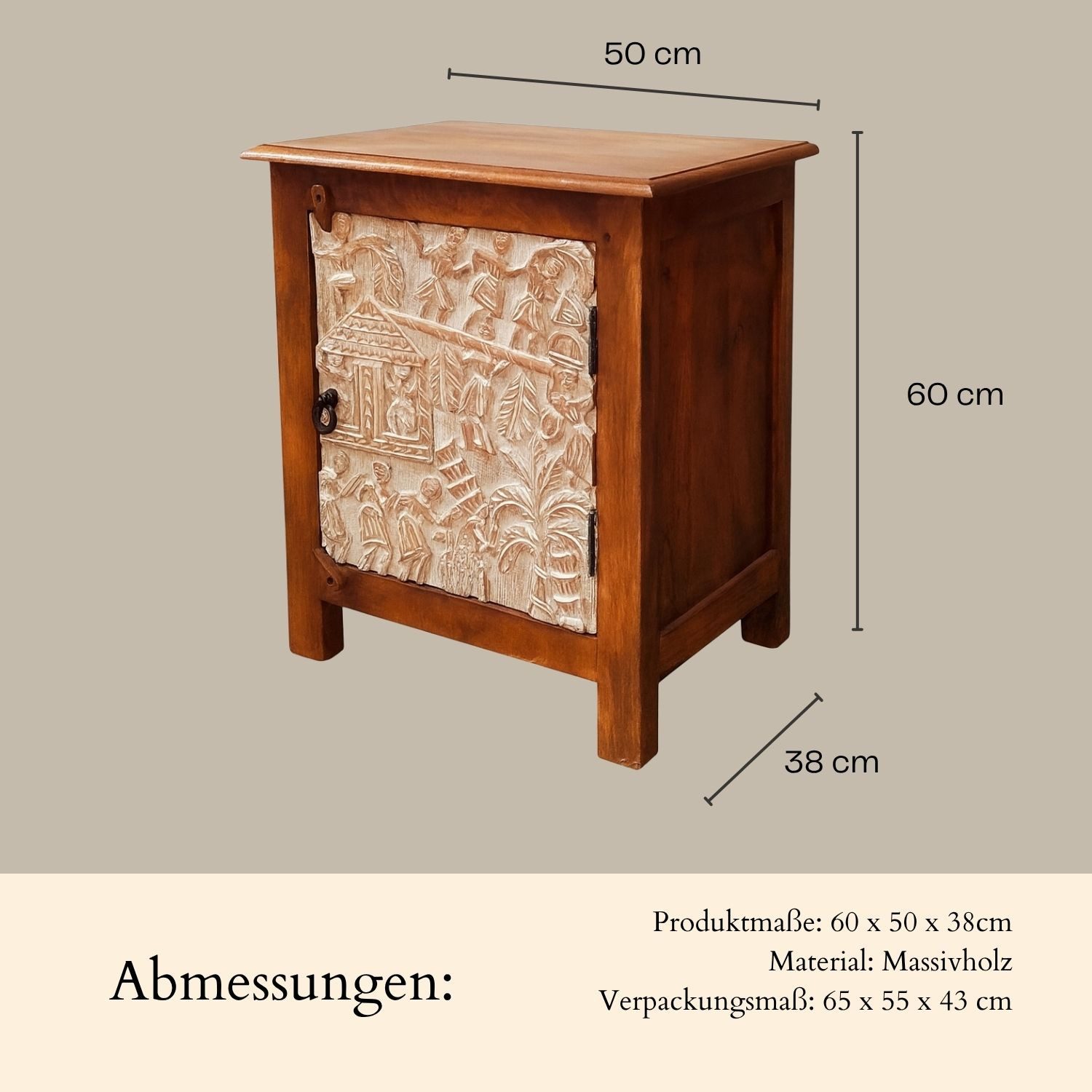 Marrakesch Orient & Mediterran Interior Nachttisch Nachttisch Faten 60cm, Massivholz mit geschnitzter Tür im Boho-Stil (1-St), Handarbeit