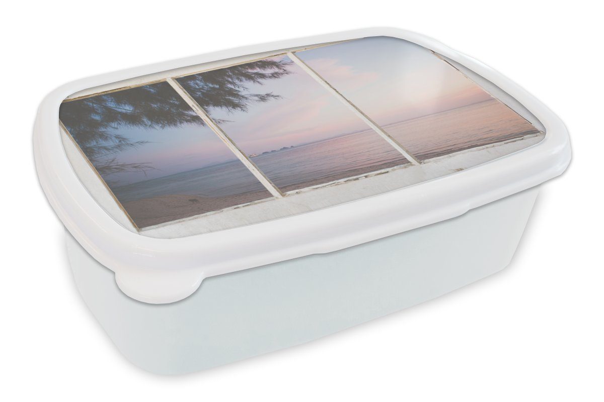MuchoWow Lunchbox Aussicht - Palme - Meer, Kunststoff, (2-tlg), Brotbox für Kinder und Erwachsene, Brotdose, für Jungs und Mädchen weiß