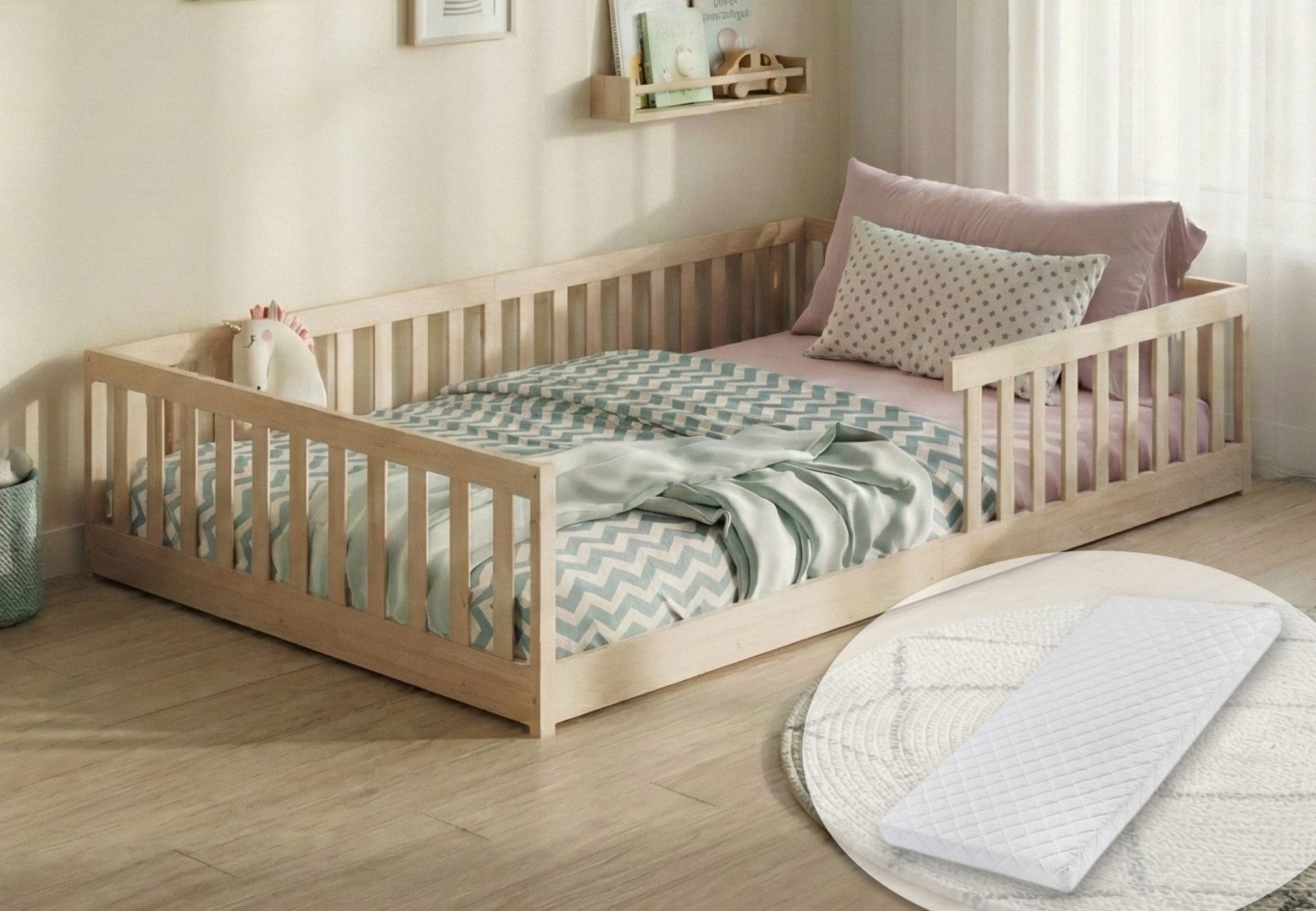 Kinderbett Bodenbett Bett mit Rausfallschutz & Lattenrost Montessori Bett Kinder