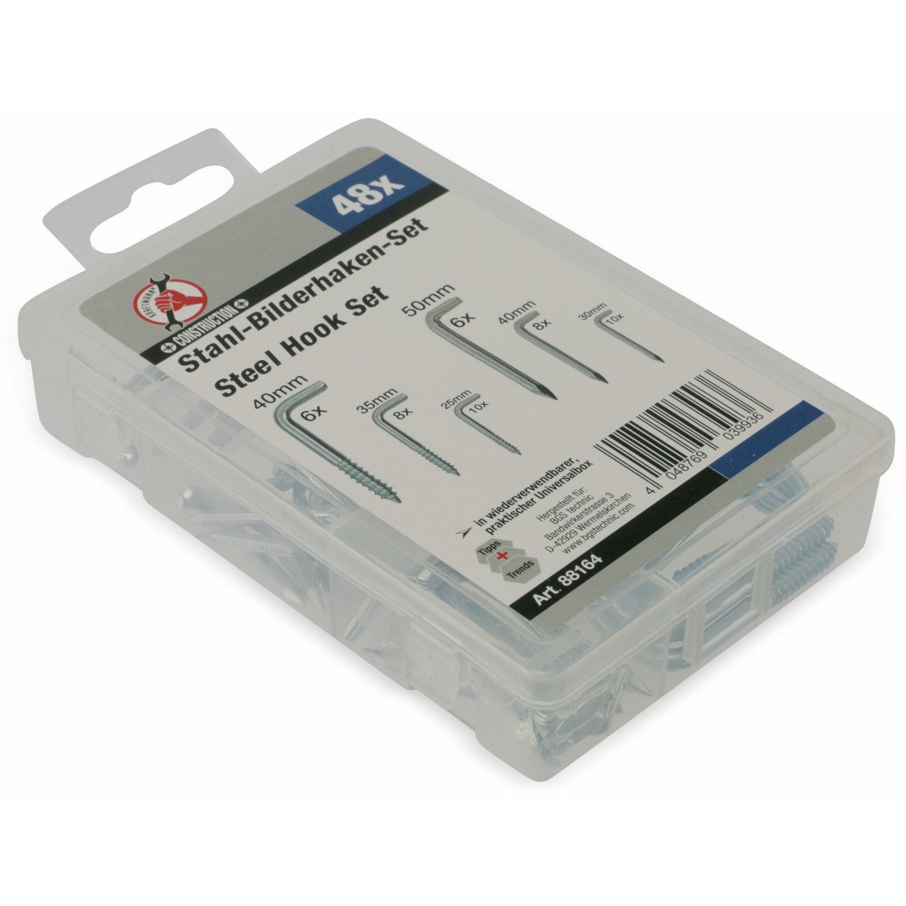 Aufbewahrungsbox BGS TECHNIC Stahl-Bilderhaken-Set, 48-teilig