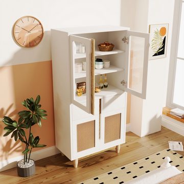 MODFU Highboard Schrank Vitrine (2 Türen aus Rattanimitat, 2 eingesetzten Türen aus Acryl), Aufbewahrungsmöbel für das Wohnzimmer, 128*35*70cm