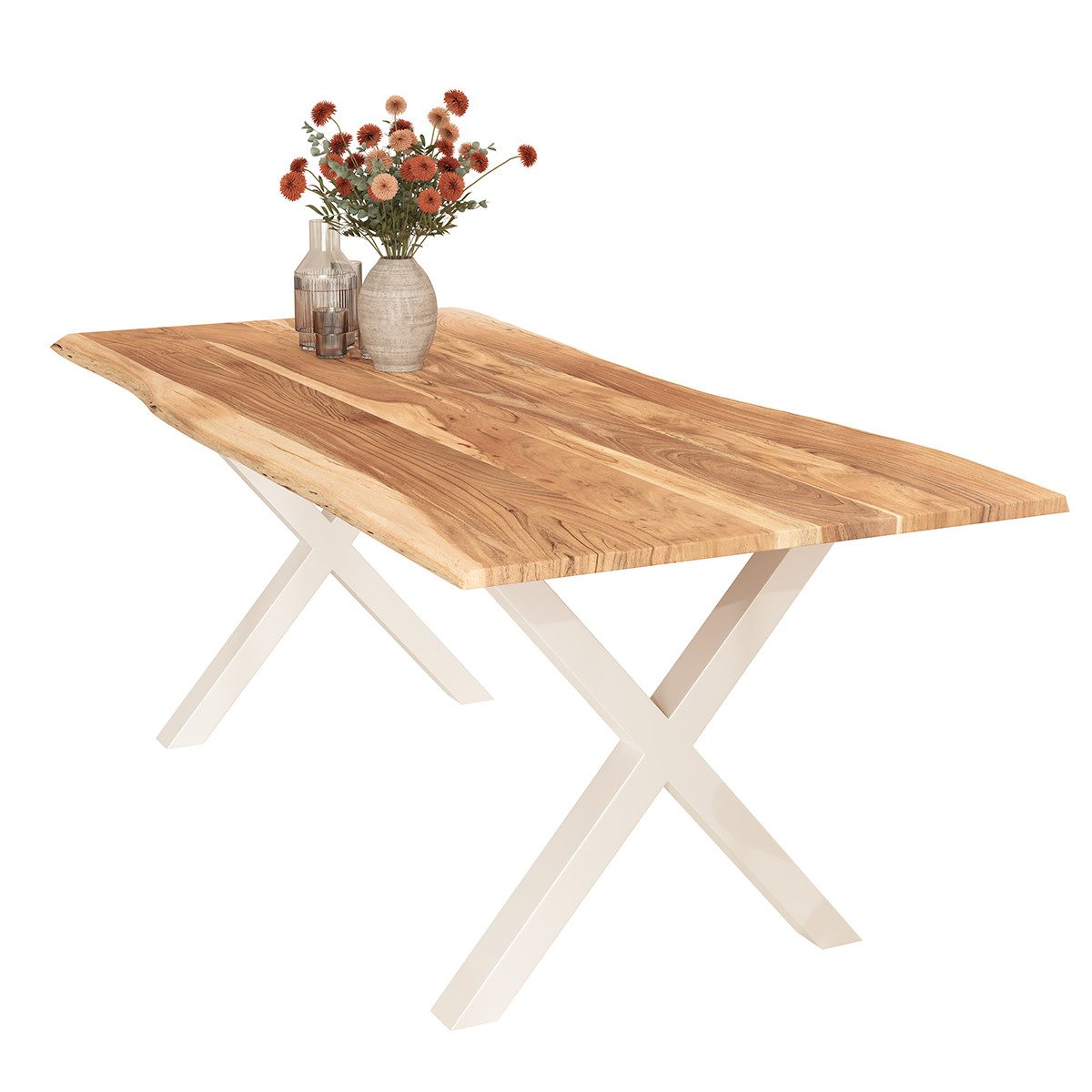 Liadomo Baumkantentisch Maxi, Massiver Akazien-Esstisch mit Baumkante und X-Gestell