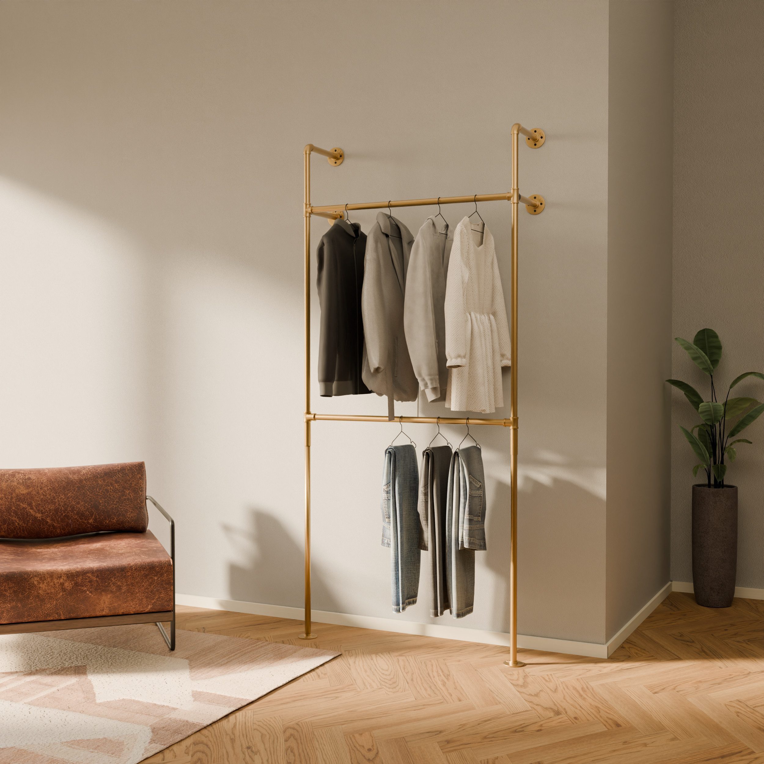 pamo. design Kleiderständer KIM DOUBLE Industrial Kleiderstange zur Wandmontage, (Set, 1), Offener Kleiderschrank / Garderobe aus goldenen Wasserrohren