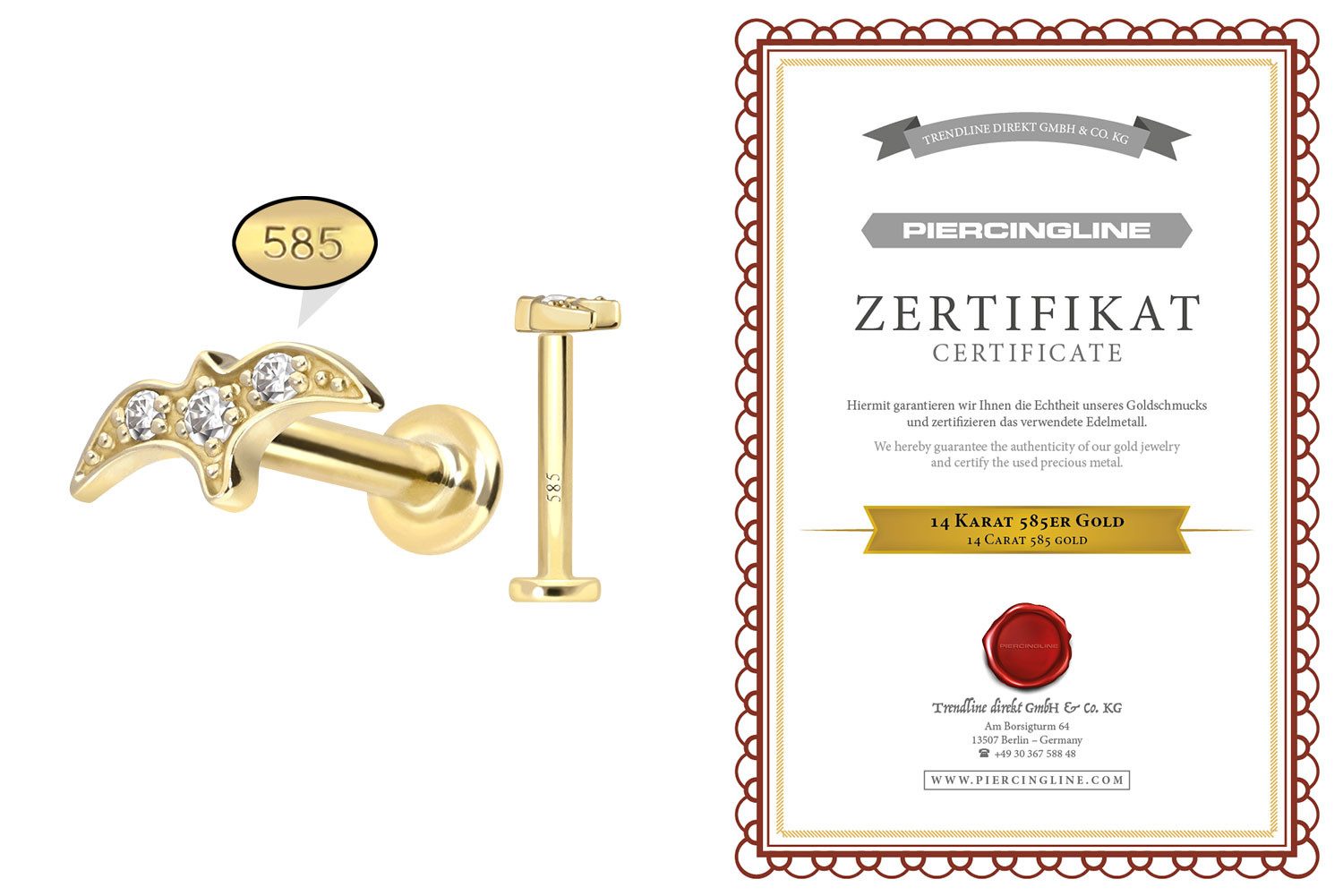 PIERCINGLINE Piercing-Set 14 Karat Gold Labret mit Push Fit MOISSANIT-SCHWALBE (Labrets, 1-tlg)