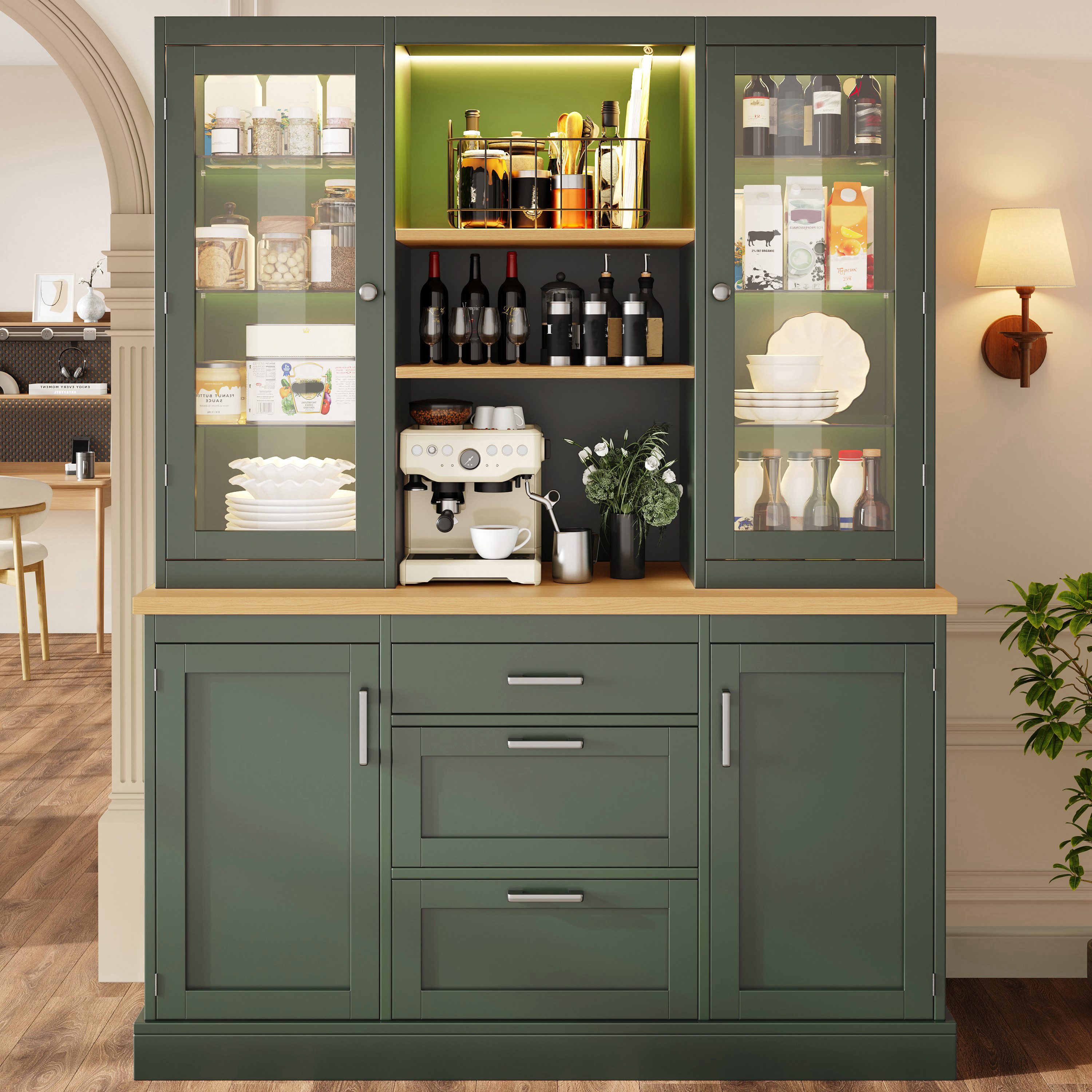 Celya Küchenbuffet Küchenschrank mit App-gesteuerter LED-Beleuchtung (140x40x185cm, 3 Schubladen, Arbeitsplatte, verstellbare Böden) Passt als Küchenvorratsschrank, Kaffeebar oder Wohnzimmersideboard