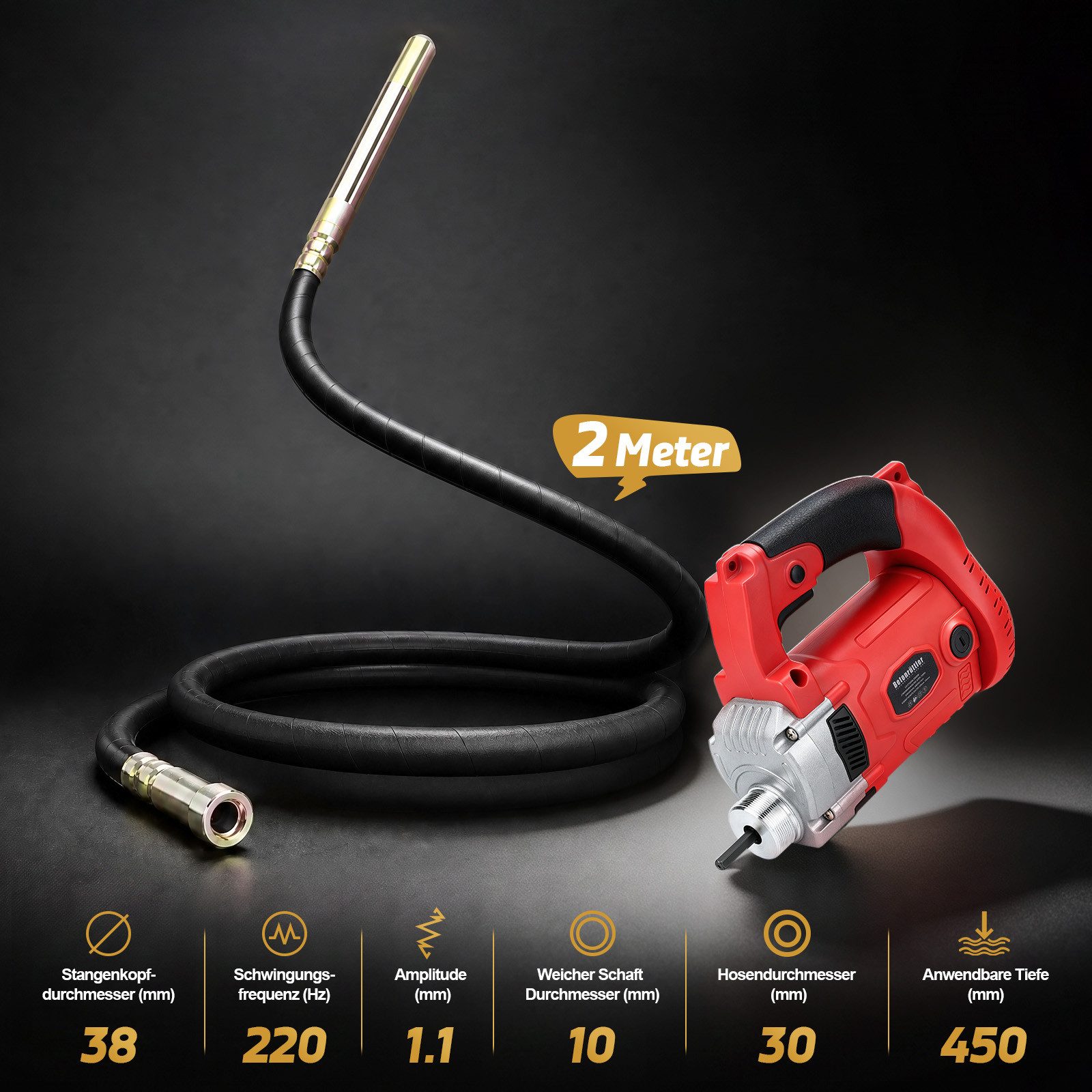 XERSEK Betonverdichter 2800 W Betonrüttler 2 M Flaschenrüttler Ø38 mm 6800 U/min Kupfermotor, 2800 in W, Schlauchlänge: 200 in cm, (Innenrüttler Beton Rüttelflasche Handrüttler), für Hausbau Brückenbau
