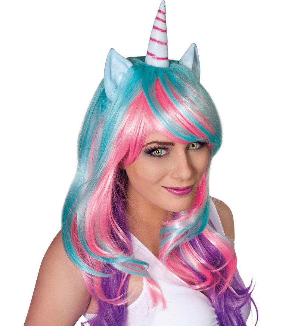 Fries Kostüm-Perücke Einhorn Perücke mit Horn und Ohren 60 cm lang Karneval Party Cosplay