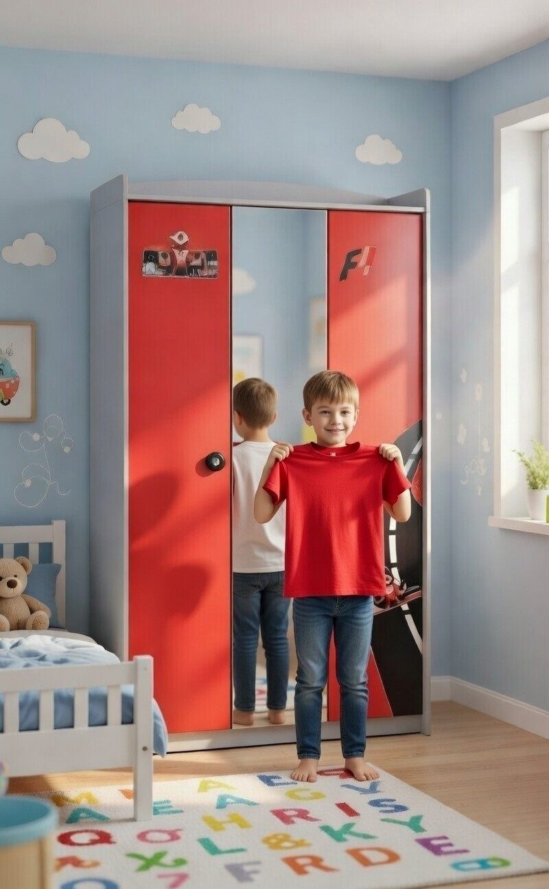 JVmoebel Kleiderschrank Kinder Kleiderschrank im Rennwagen Design mit Spiegel und Stauraum Made in Europa